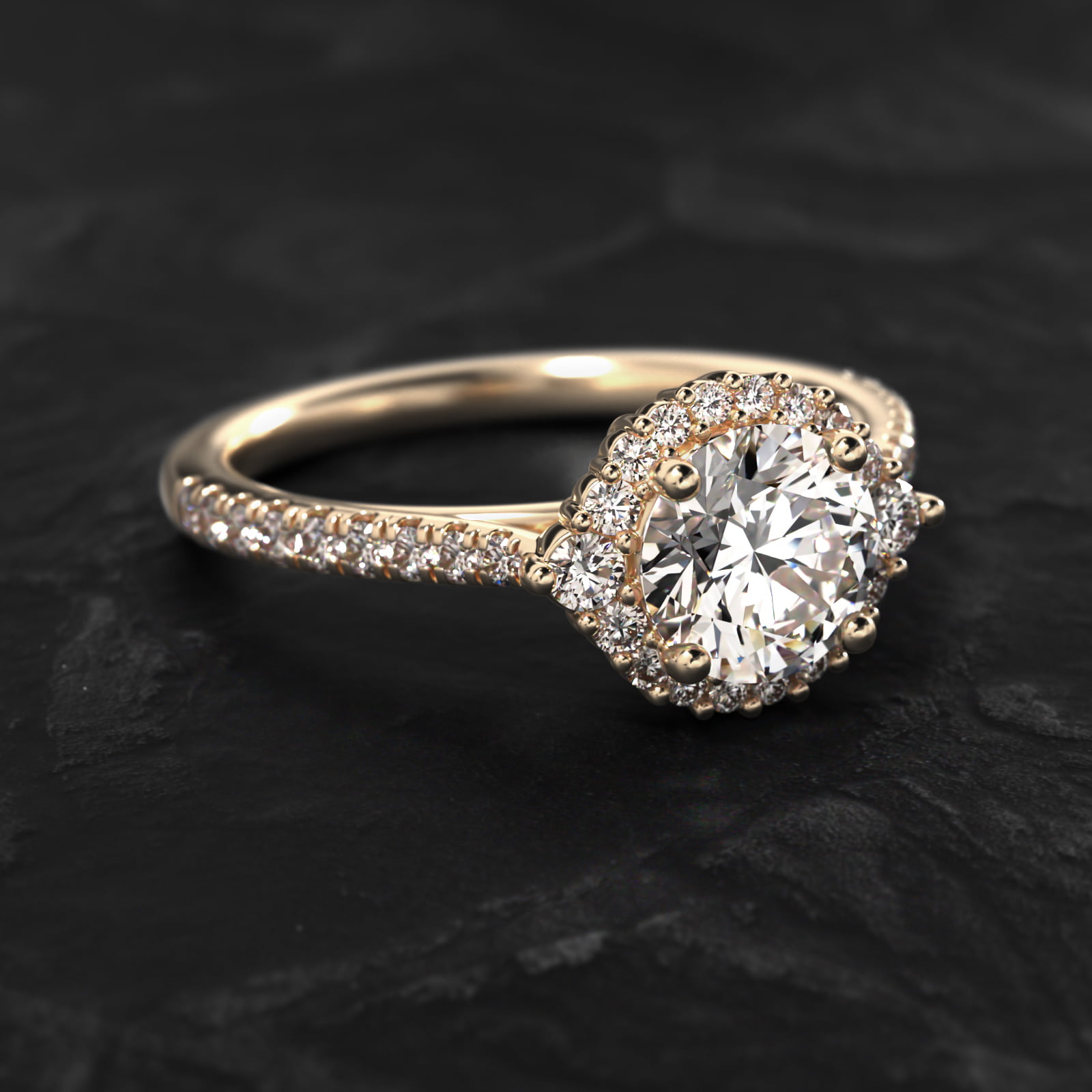 Pavé Diamond Halo Cathedral Engagement Ring In 18K Yellow Gold