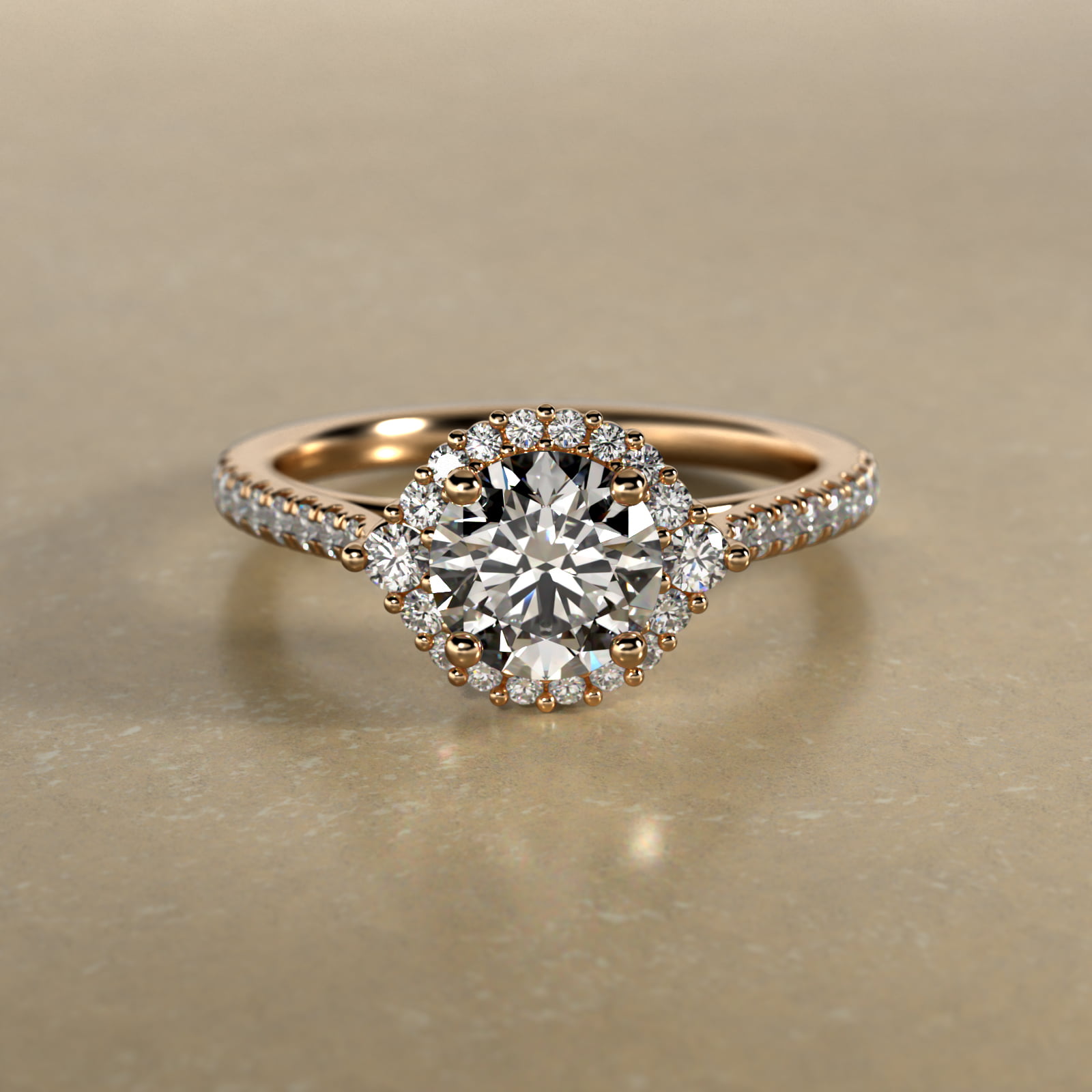 Pavé Diamond Halo Cathedral Engagement Ring In 14K Yellow Gold