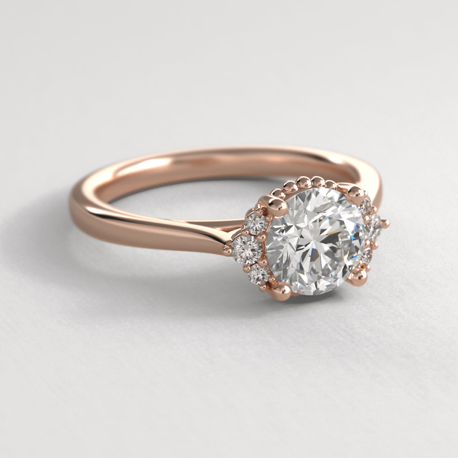 Bead Accent Pavé Trio Side Stone Diamond Engagement Ring In 14K Rose Gold