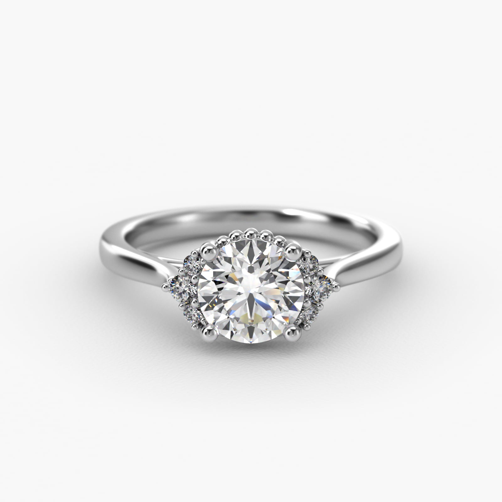 Bead Accent Pavé Trio Side Stone Diamond Engagement Ring In Platinum