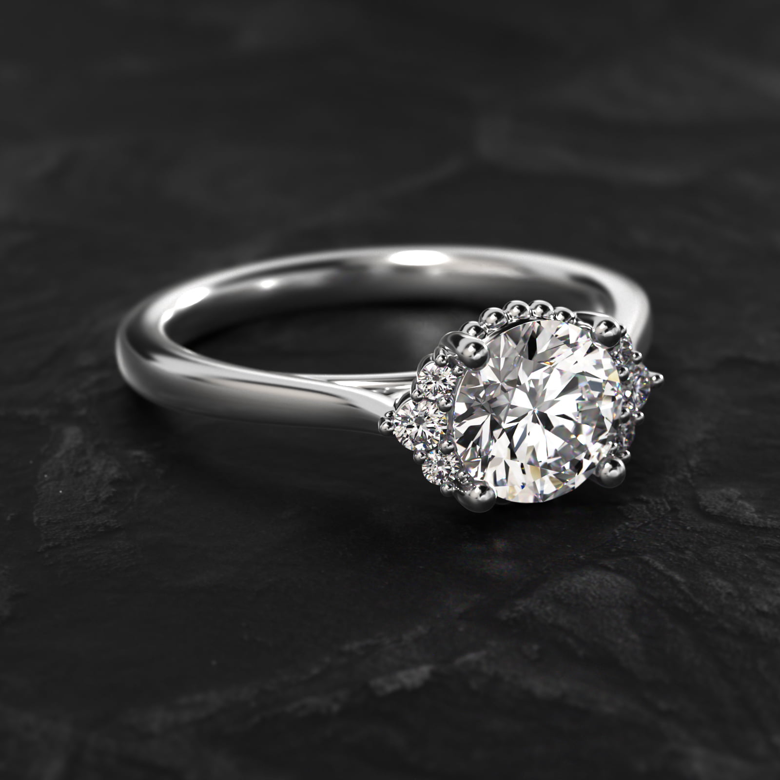 Bead Accent Pavé Trio Side Stone Diamond Engagement Ring In 18K White Gold