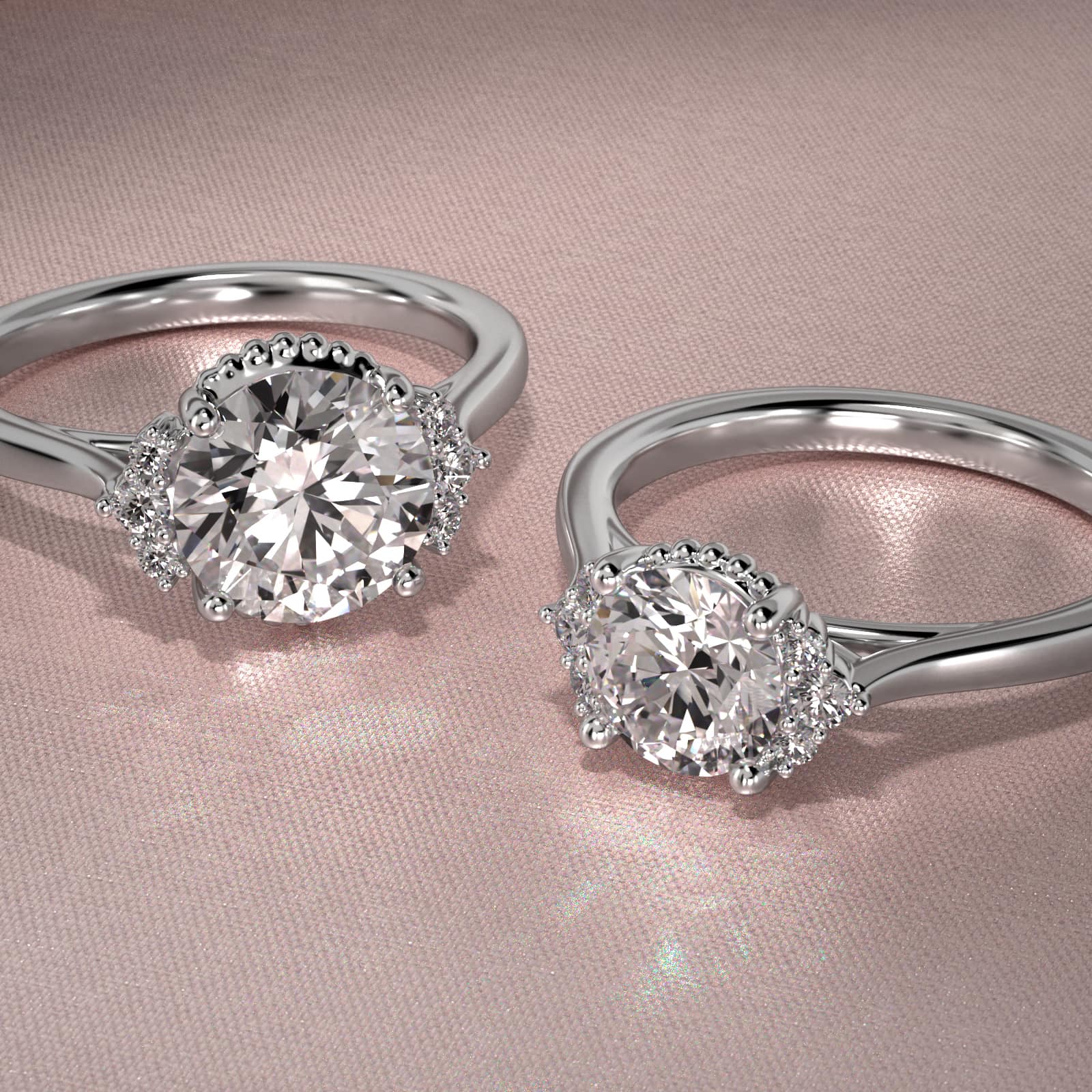 Bead Accent Pavé Trio Side Stone Diamond Engagement Ring In 18K White Gold