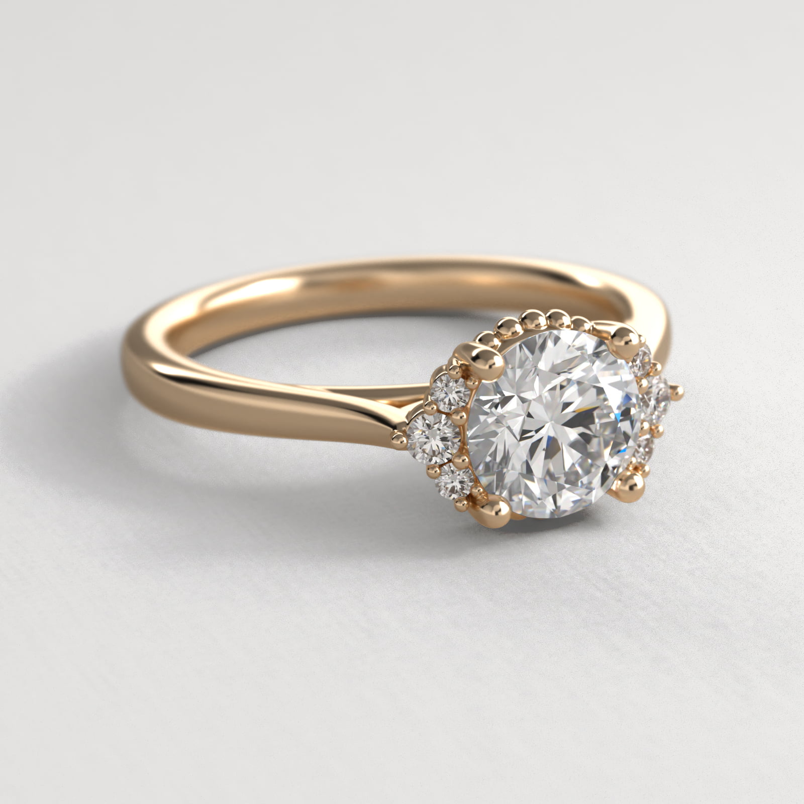 Bead Accent Pavé Trio Side Stone Diamond Engagement Ring In 18K Yellow Gold