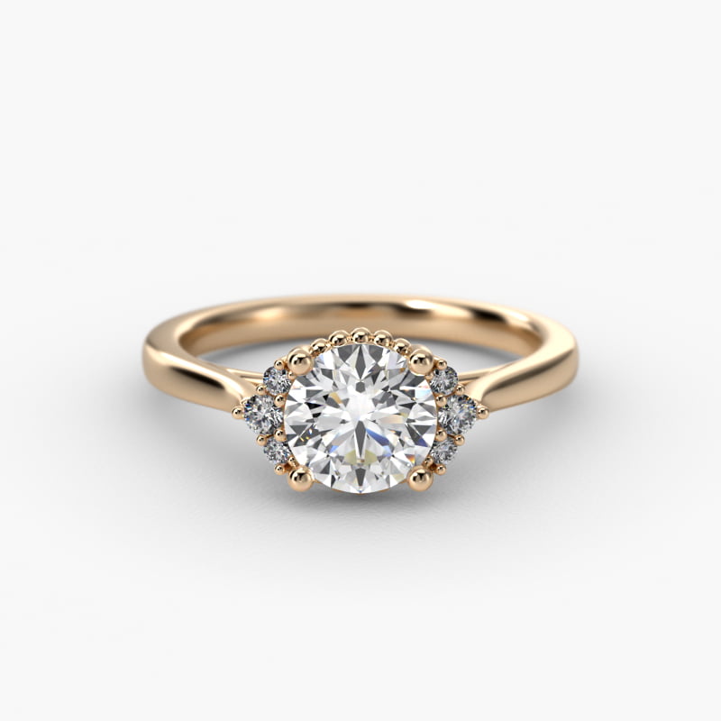 Bead Accent Pavé Trio Side Stone Diamond Engagement Ring In 14K Yellow Gold
