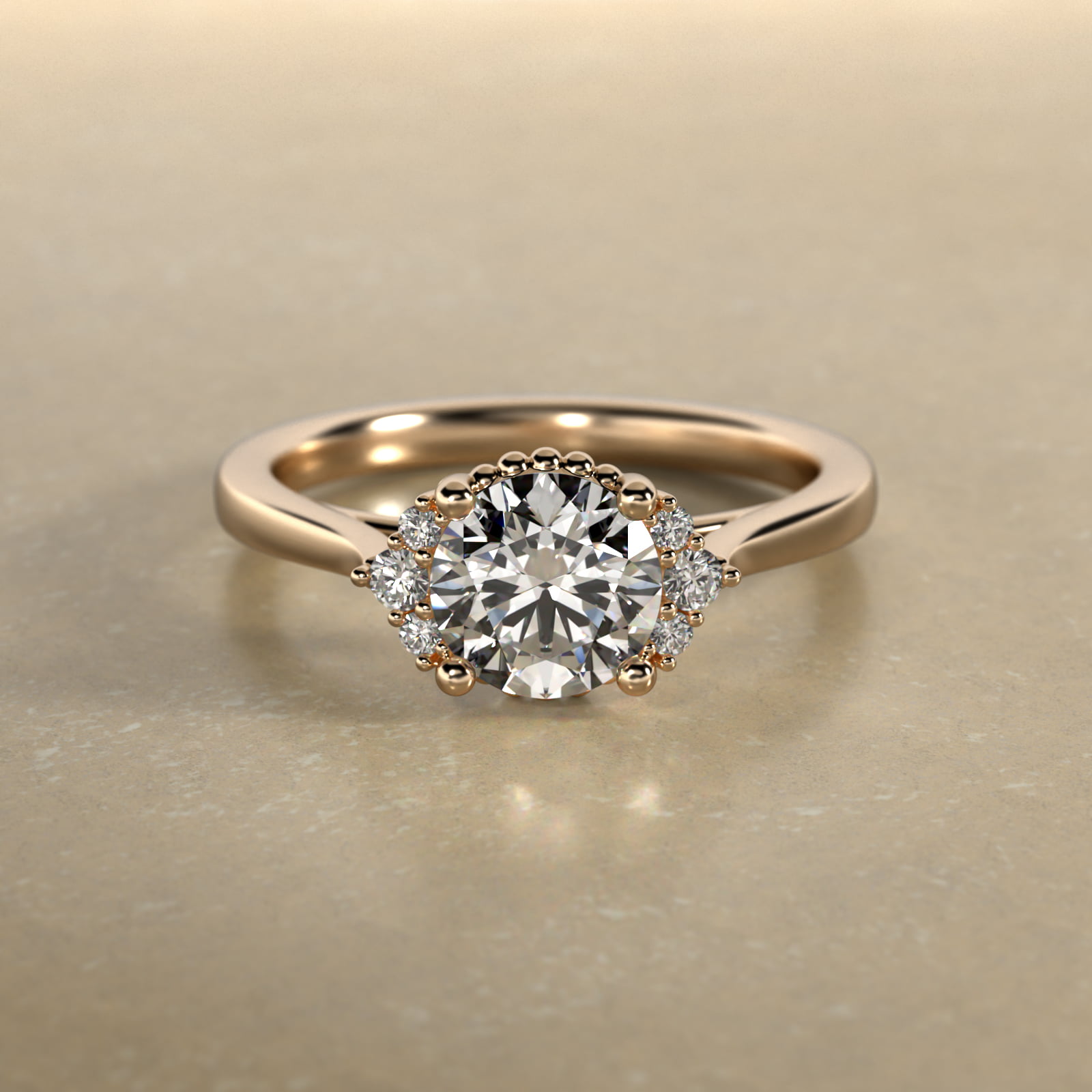 Bead Accent Pavé Trio Side Stone Diamond Engagement Ring In 14K Yellow Gold