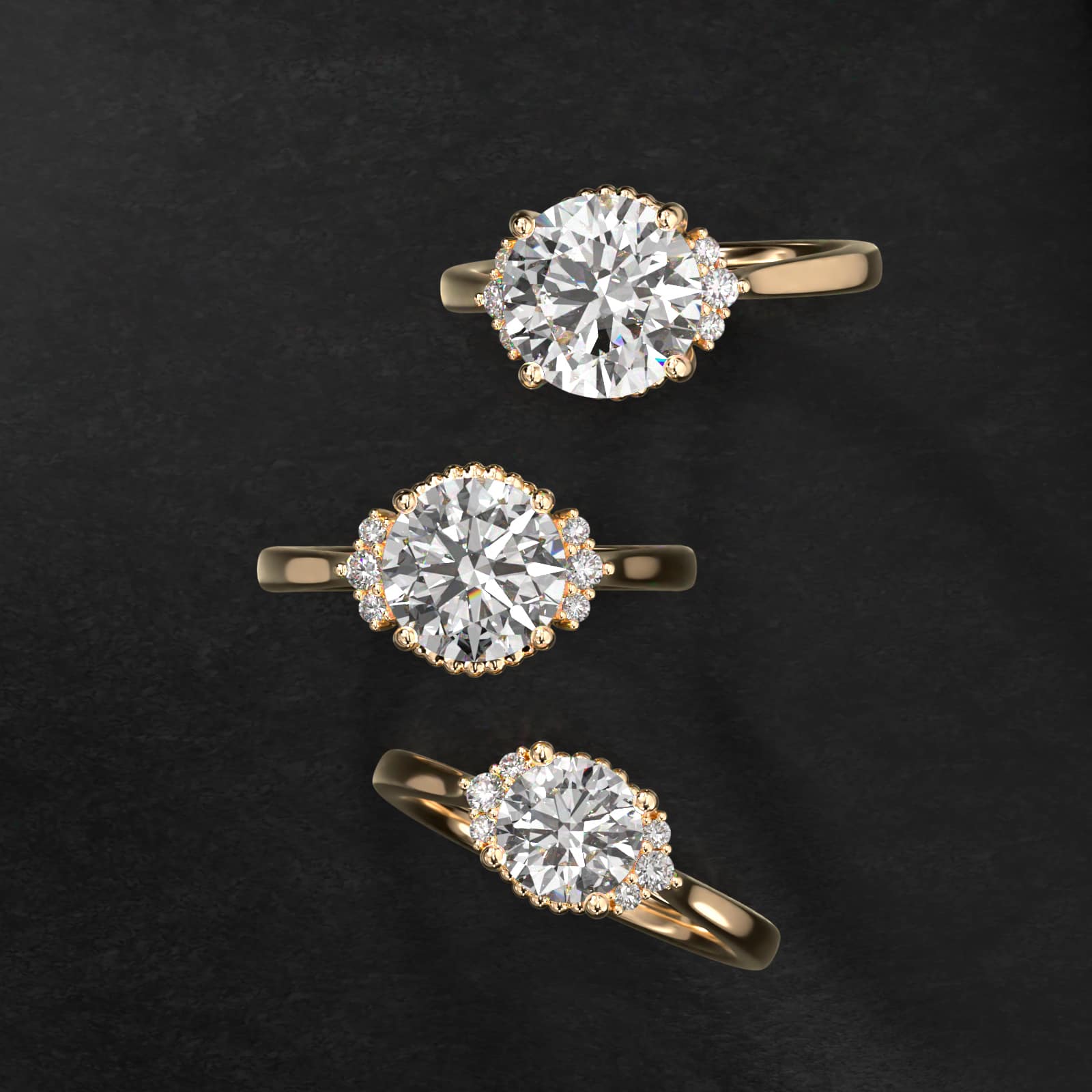 Bead Accent Pavé Trio Side Stone Diamond Engagement Ring In 14K Yellow Gold