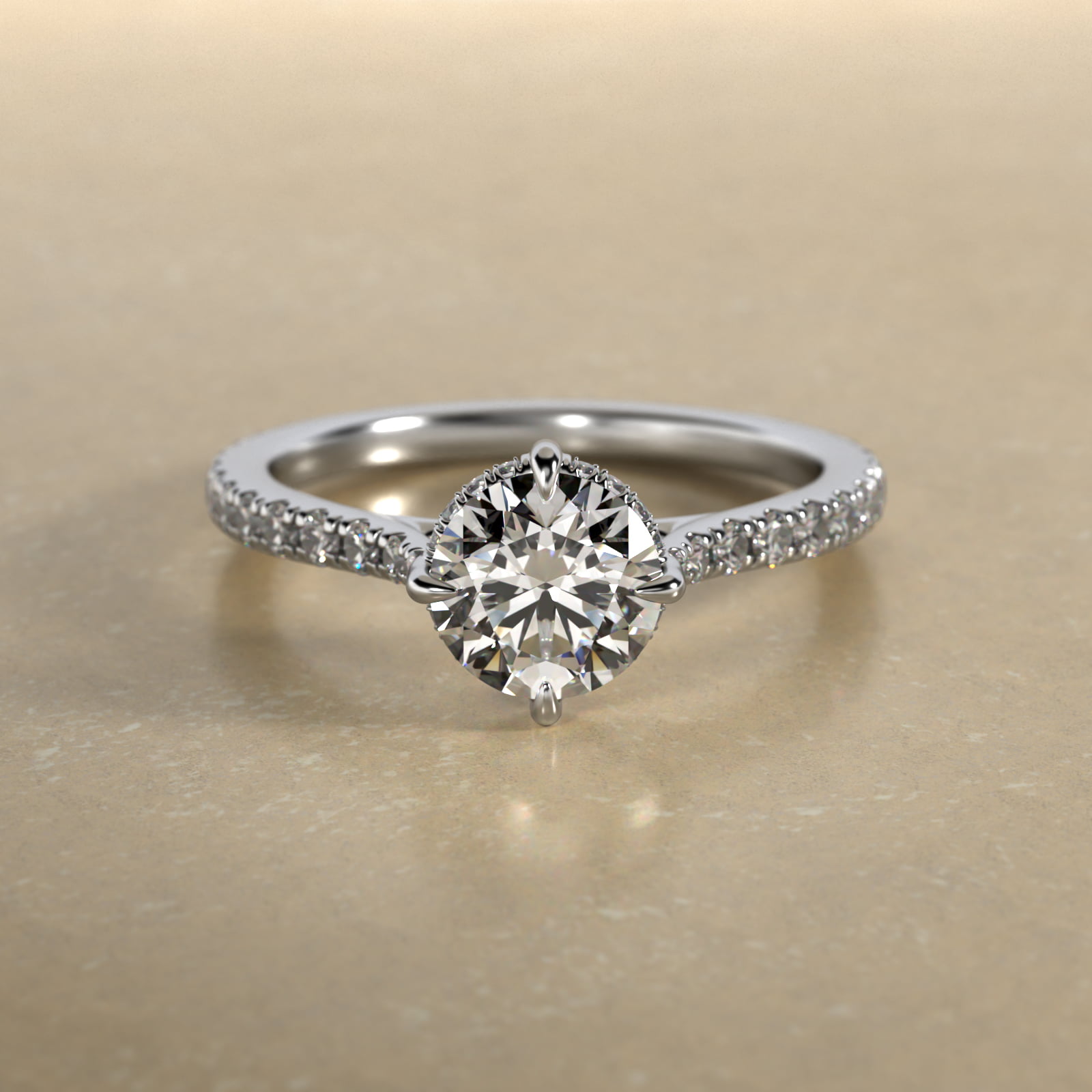 Cathedral Pavé Crown Diamond Engagement Ring In 14K White Gold