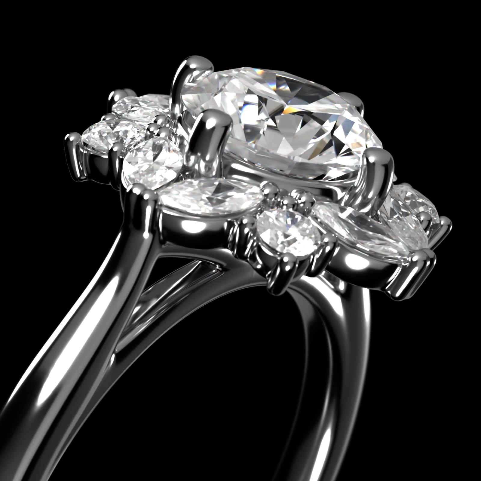 Marquise Cluster Diamond Halo Engagement Ring In 18K White Gold