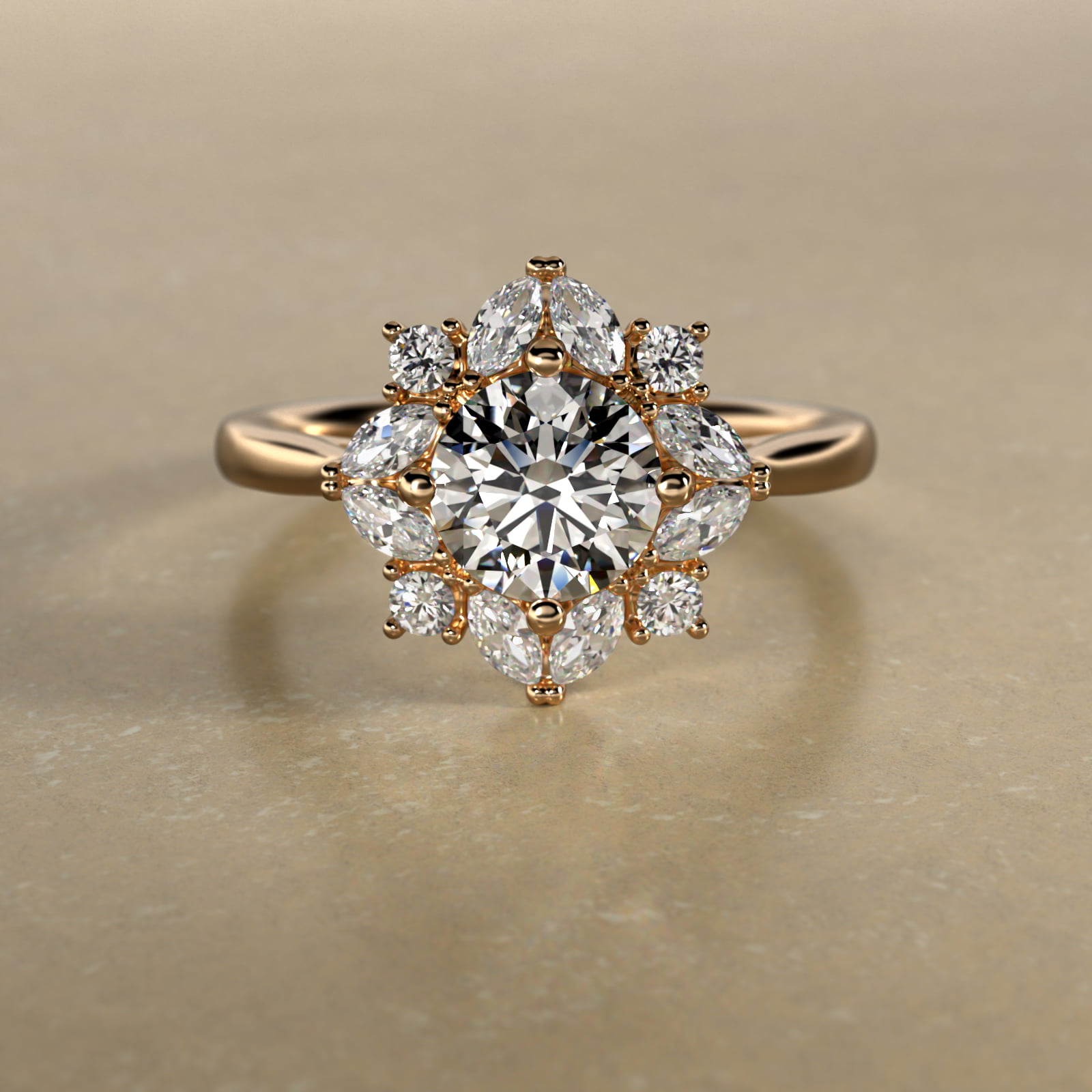 Marquise Cluster Diamond Halo Engagement Ring In 14K Yellow Gold