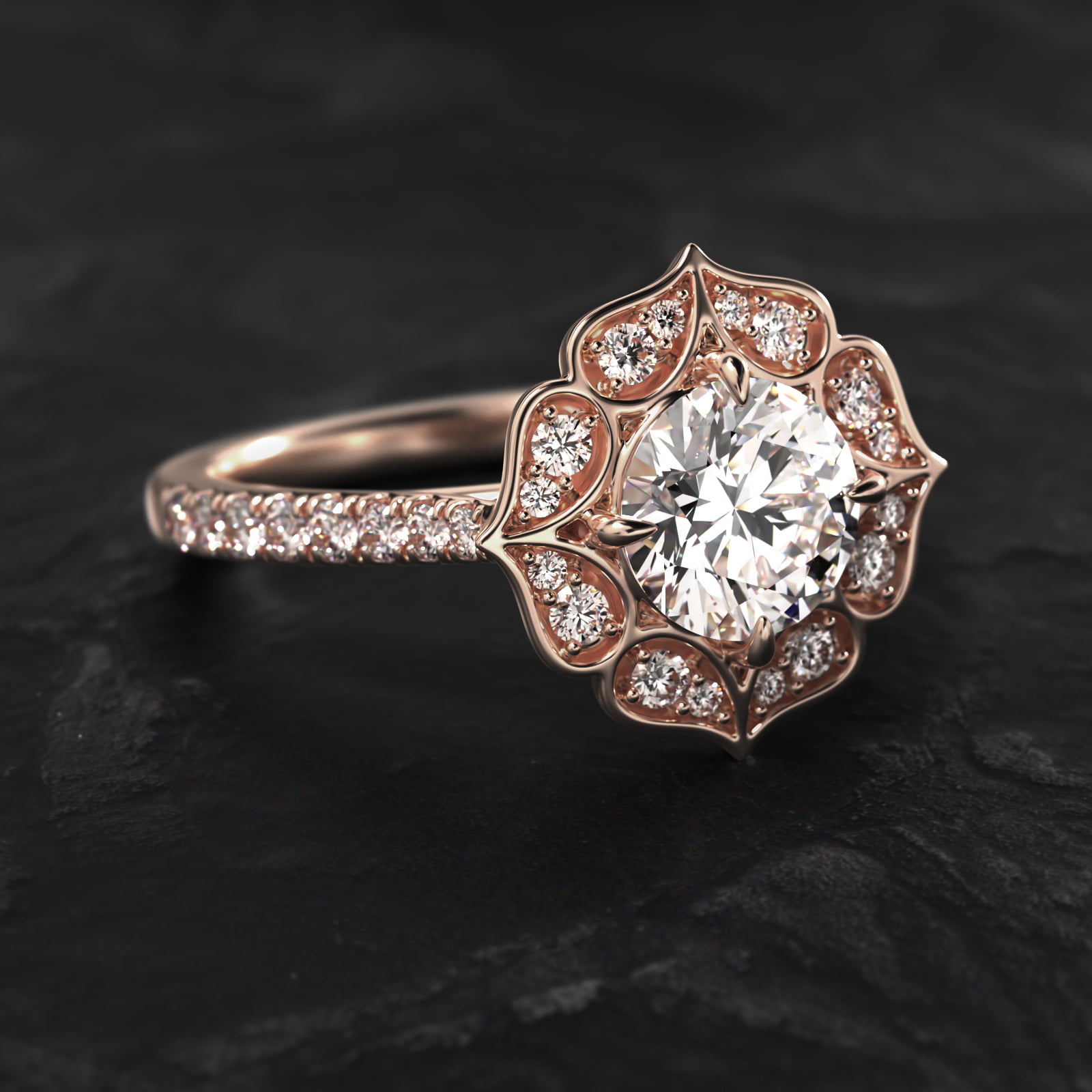 Tear Drops Diamond Halo Engagement Ring In 14K Rose Gold