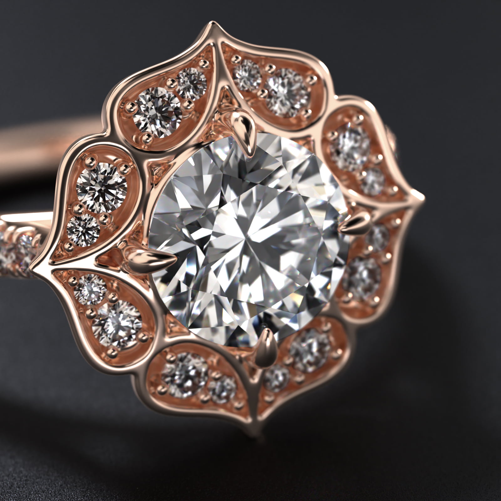 Tear Drops Diamond Halo Engagement Ring In 14K Rose Gold