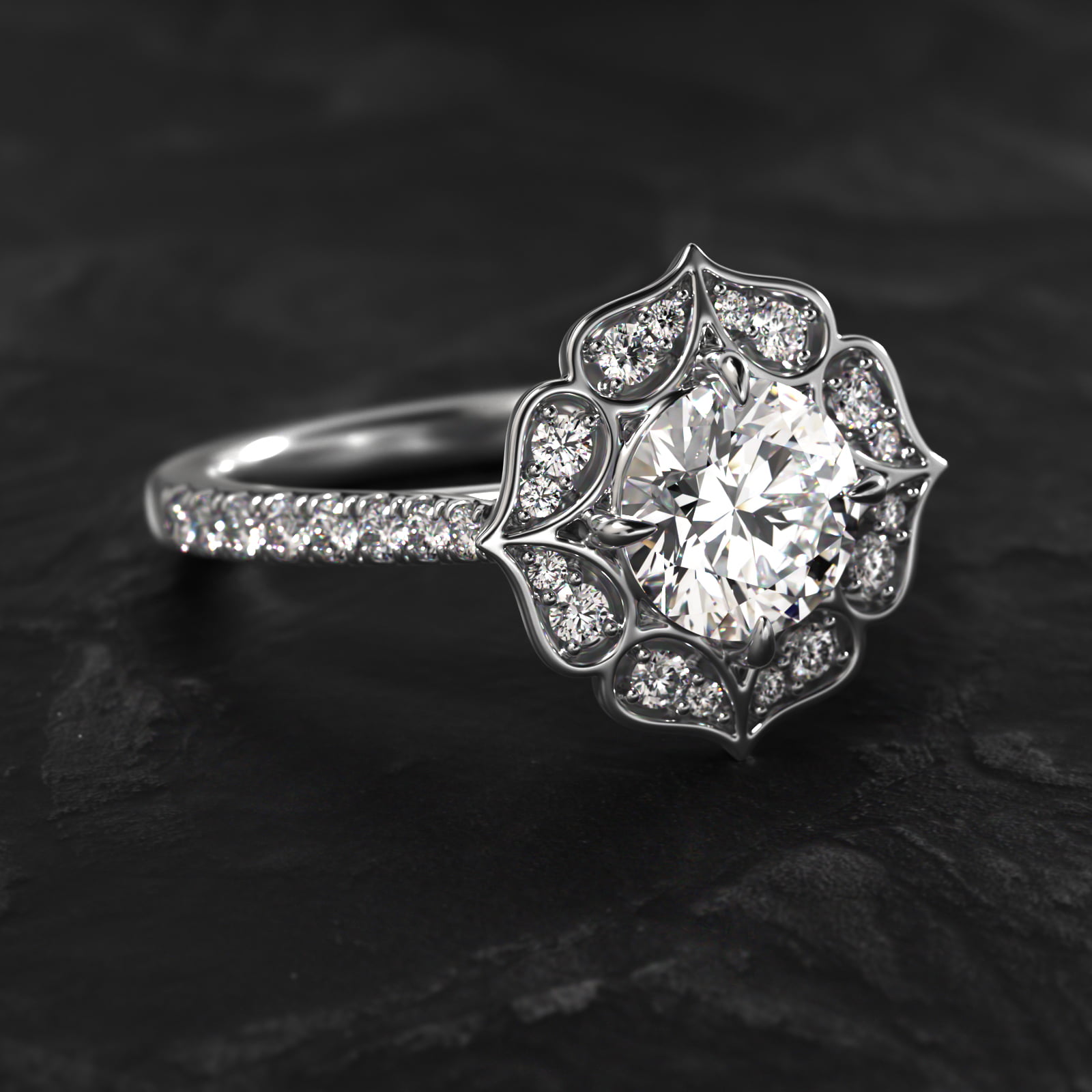 Tear Drops Diamond Halo Engagement Ring In Platinum