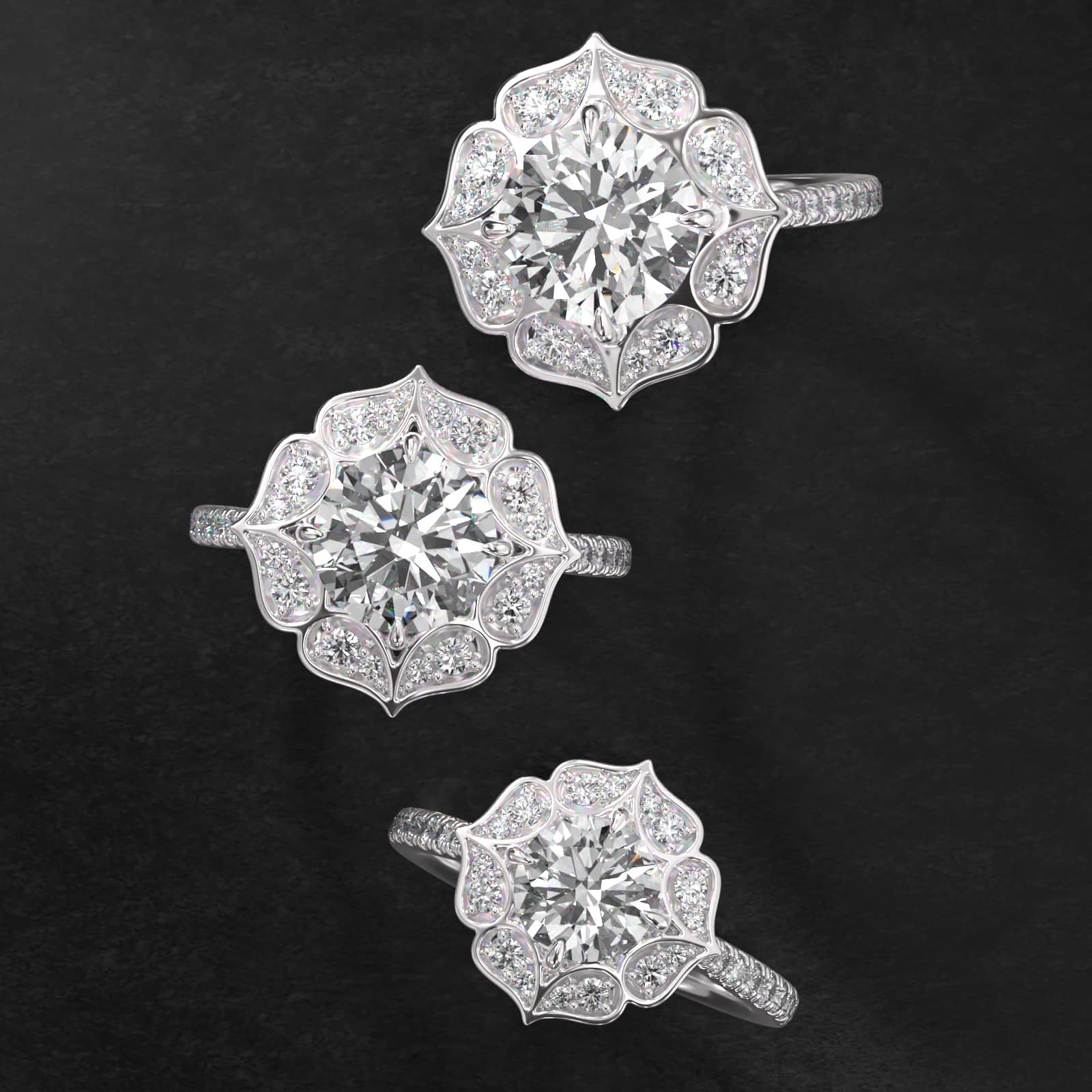 Tear Drops Diamond Halo Engagement Ring In 14K White Gold