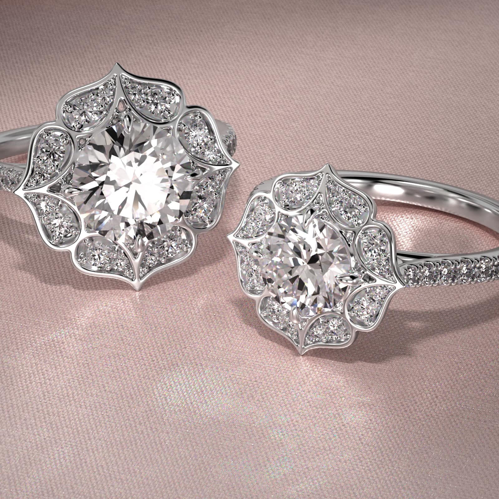 Tear Drops Diamond Halo Engagement Ring In 18K White Gold