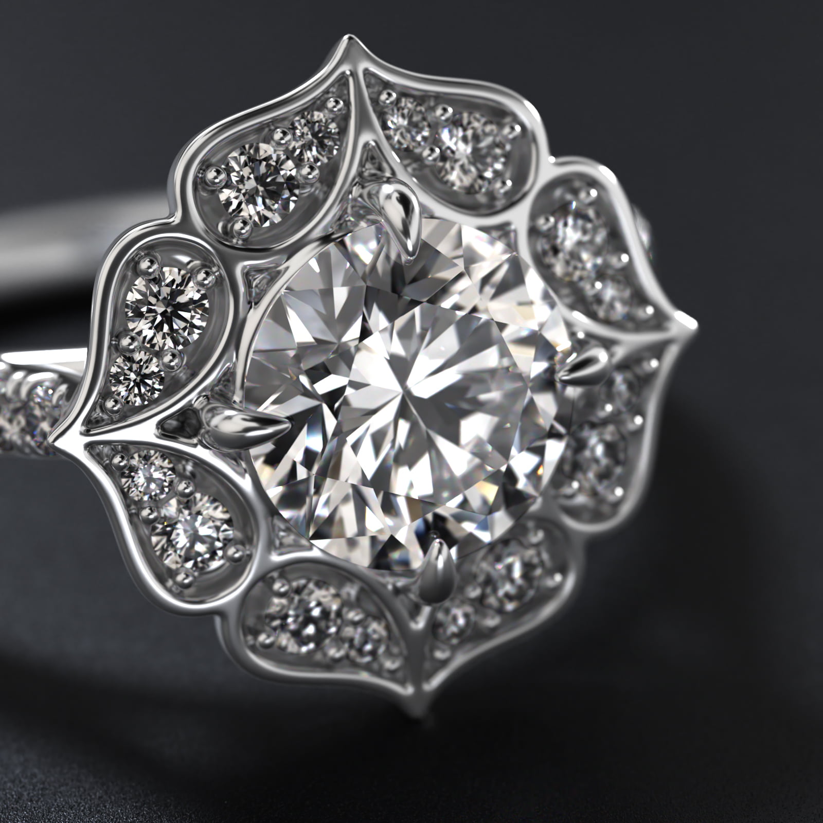 Tear Drops Diamond Halo Engagement Ring In 18K White Gold