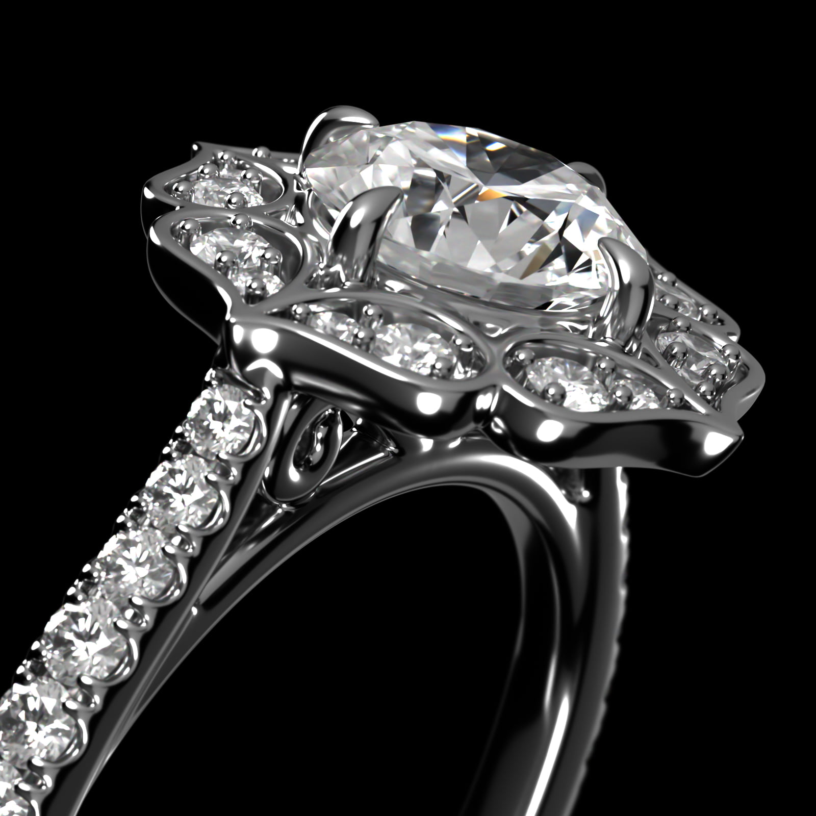 Tear Drops Diamond Halo Engagement Ring In Platinum