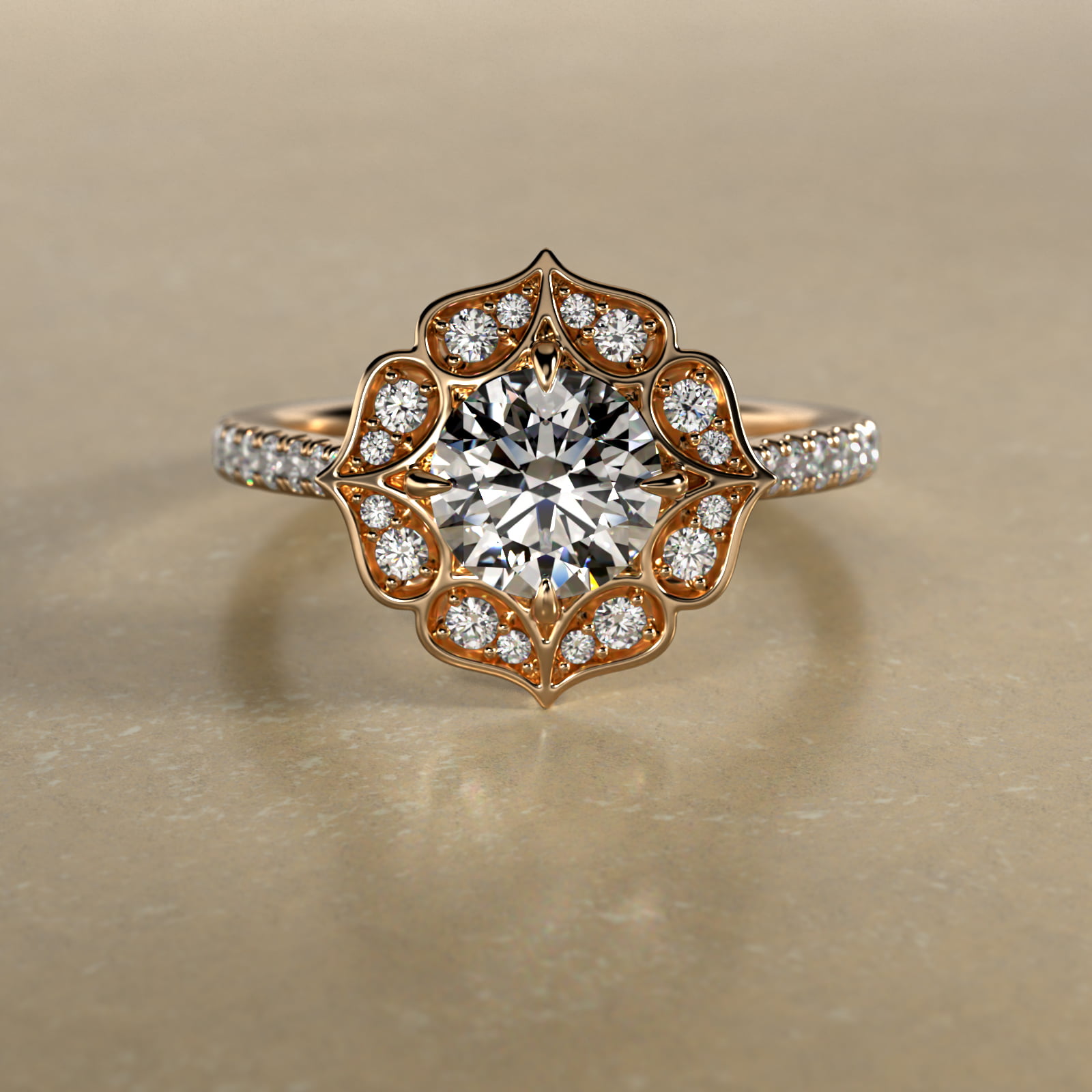 Tear Drops Diamond Halo Engagement Ring In 18K Yellow Gold