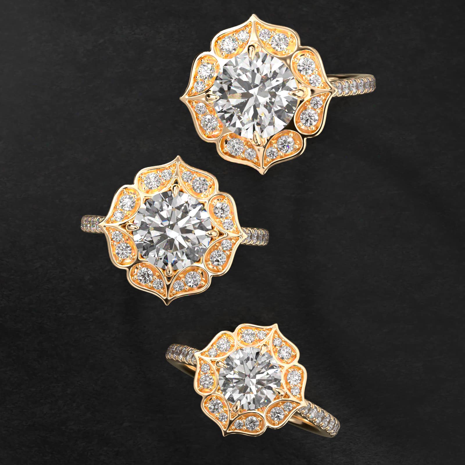 Tear Drops Diamond Halo Engagement Ring In 14K Yellow Gold