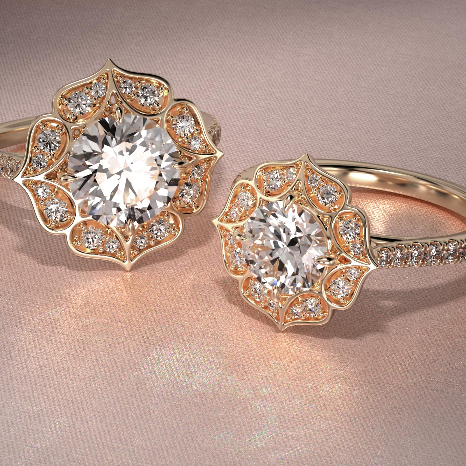 Tear Drops Diamond Halo Engagement Ring In 18K Yellow Gold