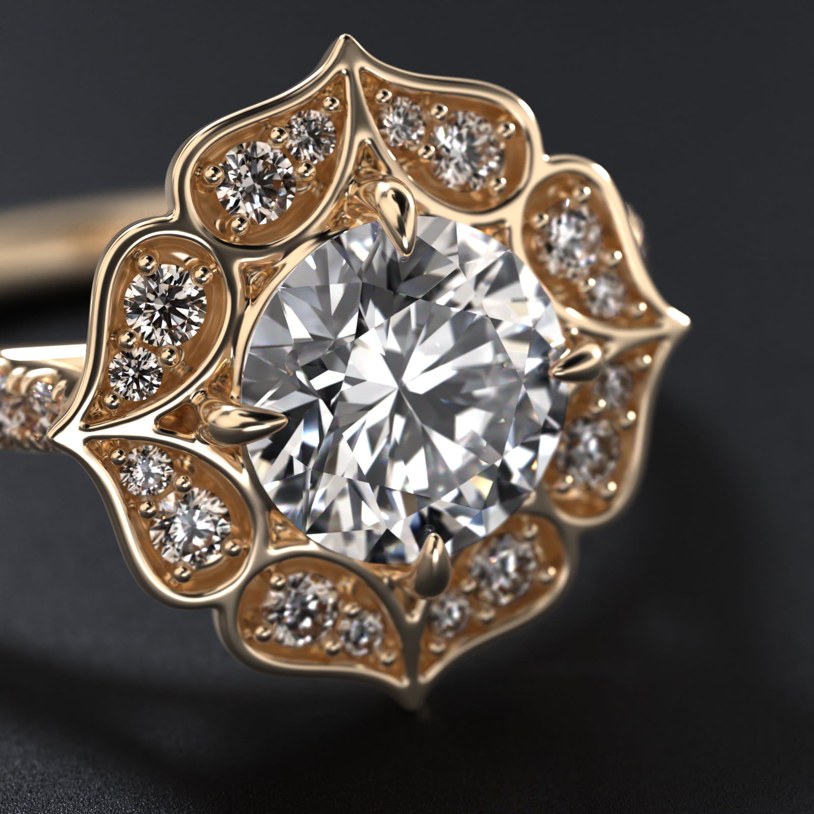 Tear Drops Diamond Halo Engagement Ring In 14K Yellow Gold