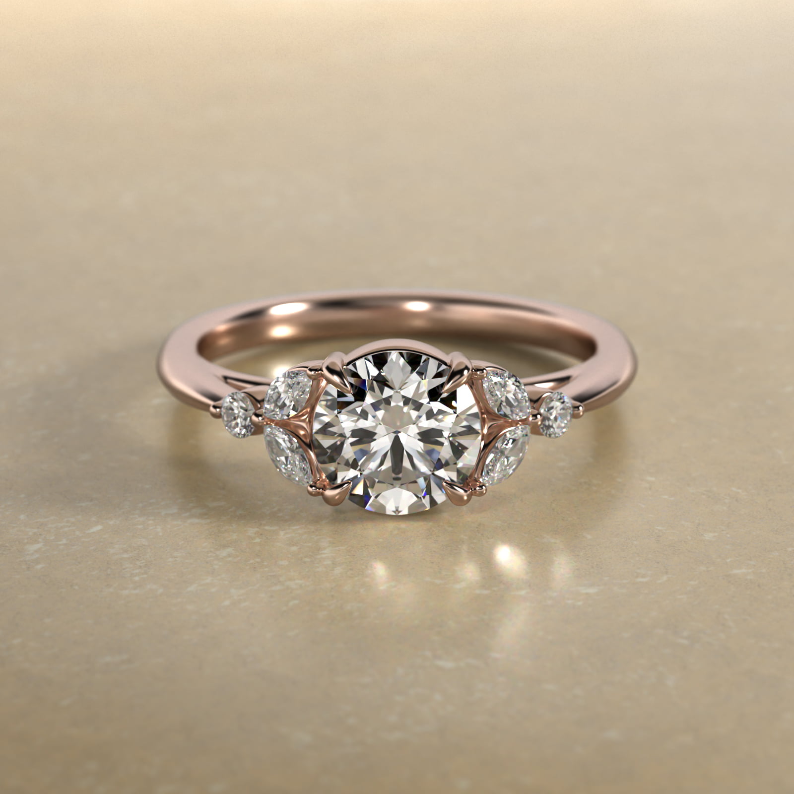 Laurel Leaves Side Stone Diamond Engagement Ring In 14K Rose Gold