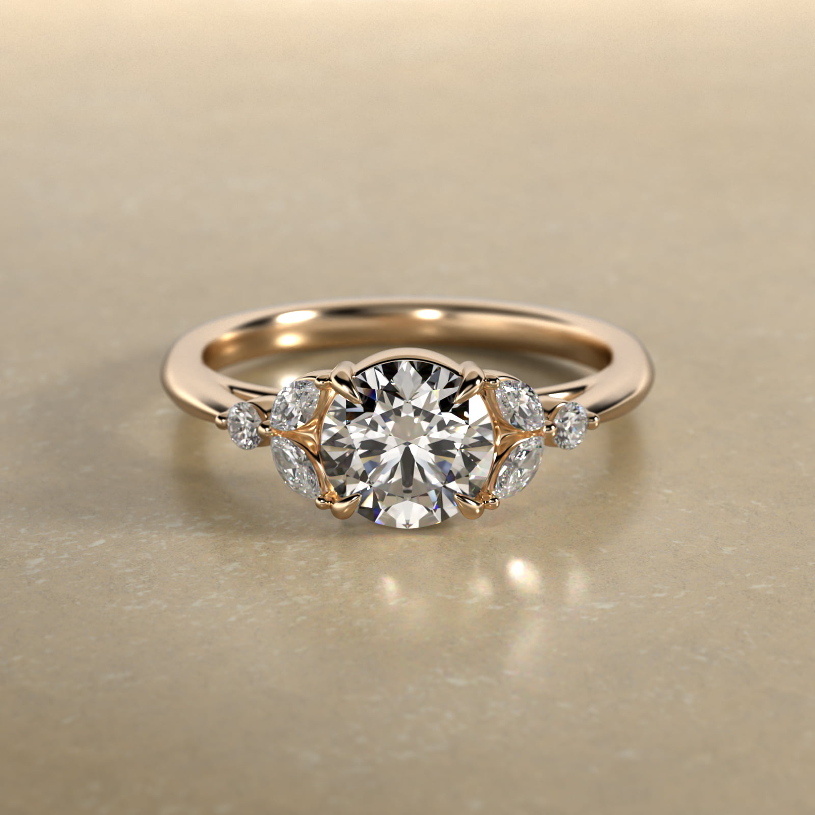 Laurel Leaves Side Stone Diamond Engagement Ring In 14K Yellow Gold