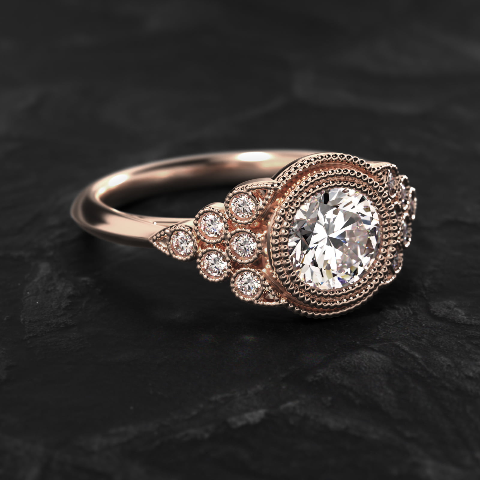 Beaded Bezel Set Side Stone Diamond Engagement Ring In 14K Rose Gold