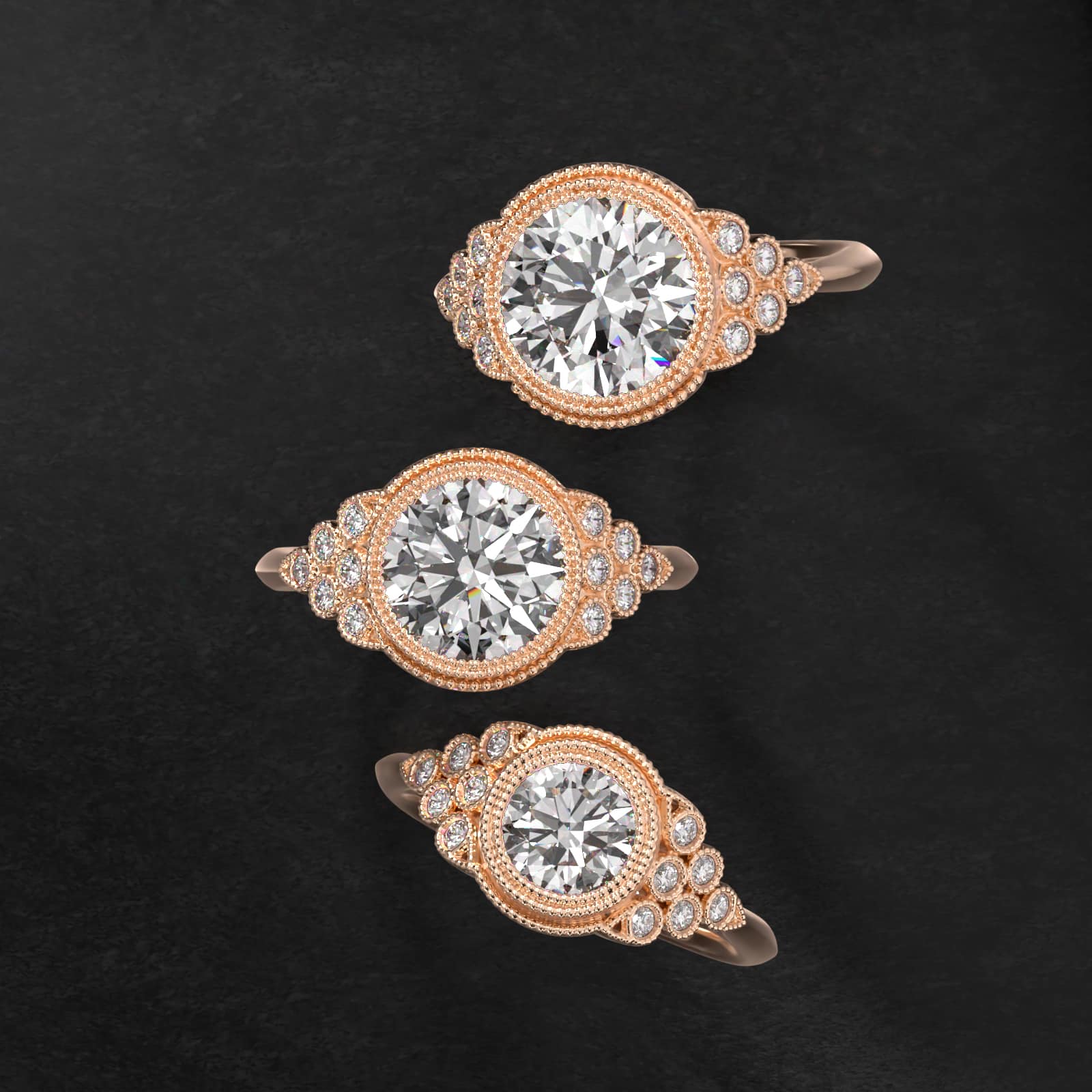 Beaded Bezel Set Side Stone Diamond Engagement Ring In 14K Rose Gold