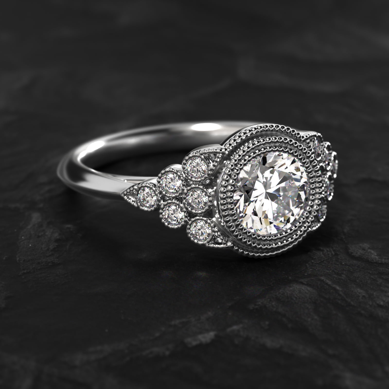 Beaded Bezel Set Side Stone Diamond Engagement Ring In Platinum