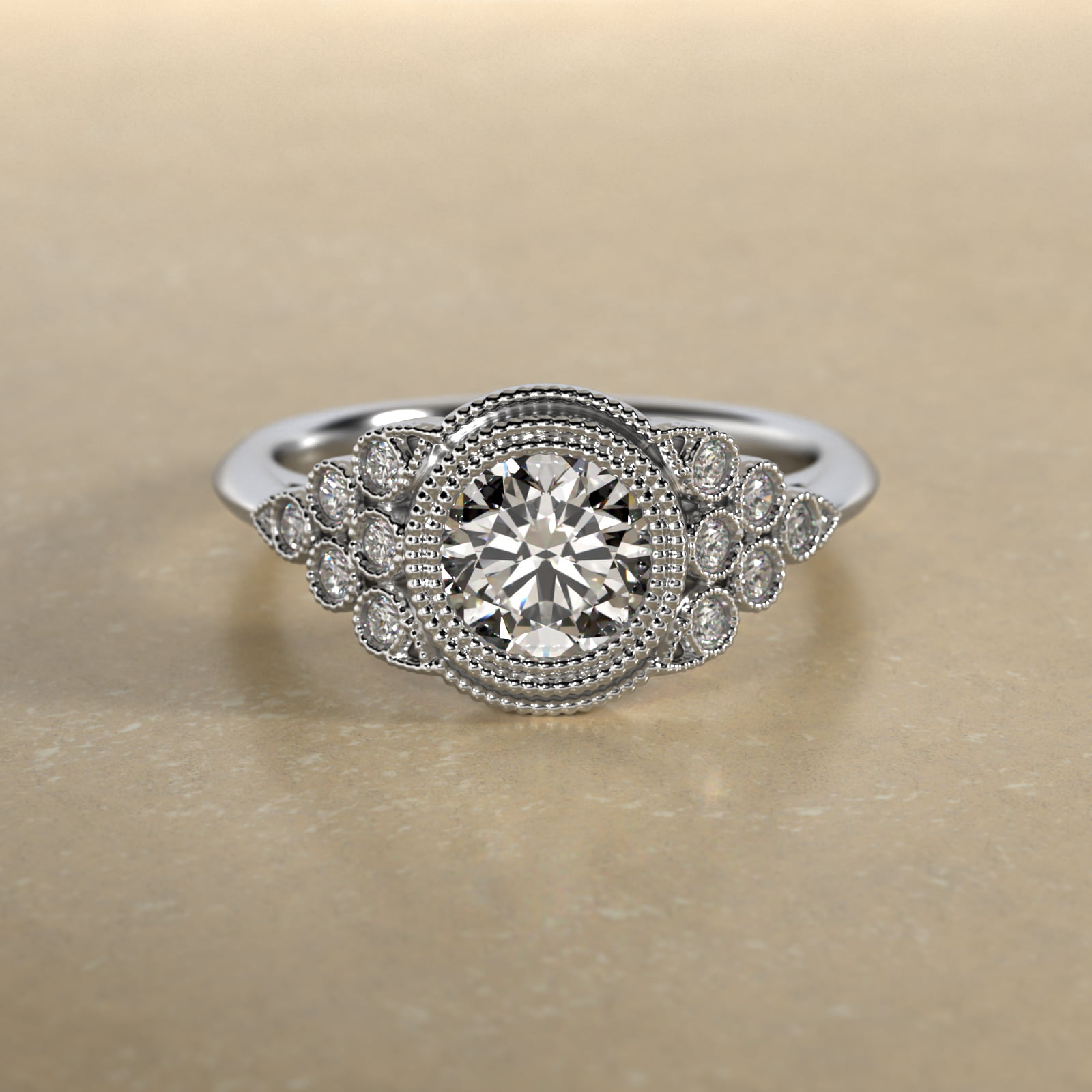 Beaded Bezel Set Side Stone Diamond Engagement Ring In 14K White Gold