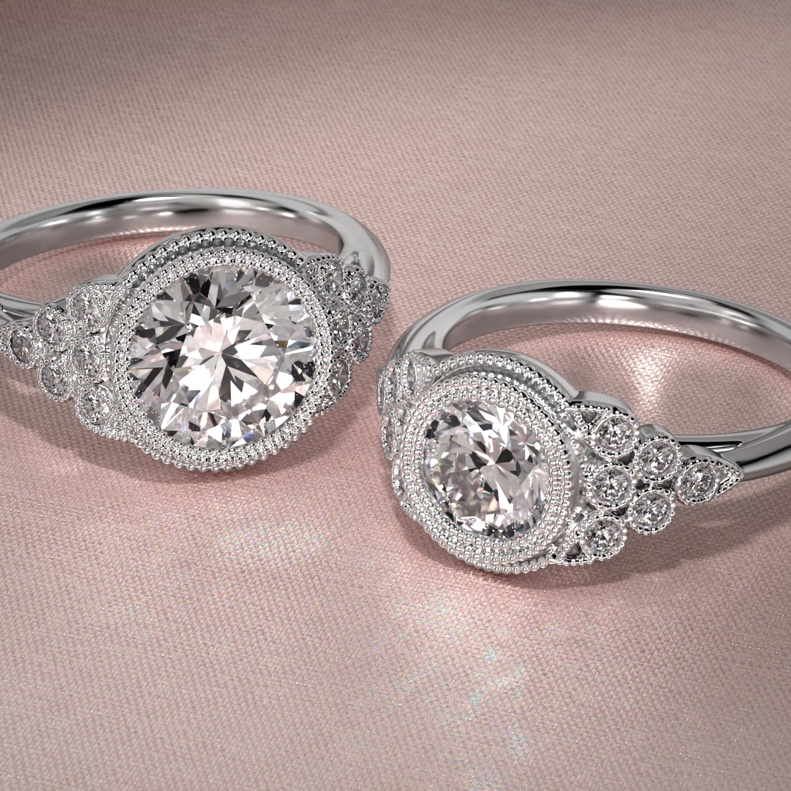 Beaded Bezel Set Side Stone Diamond Engagement Ring In 14K White Gold