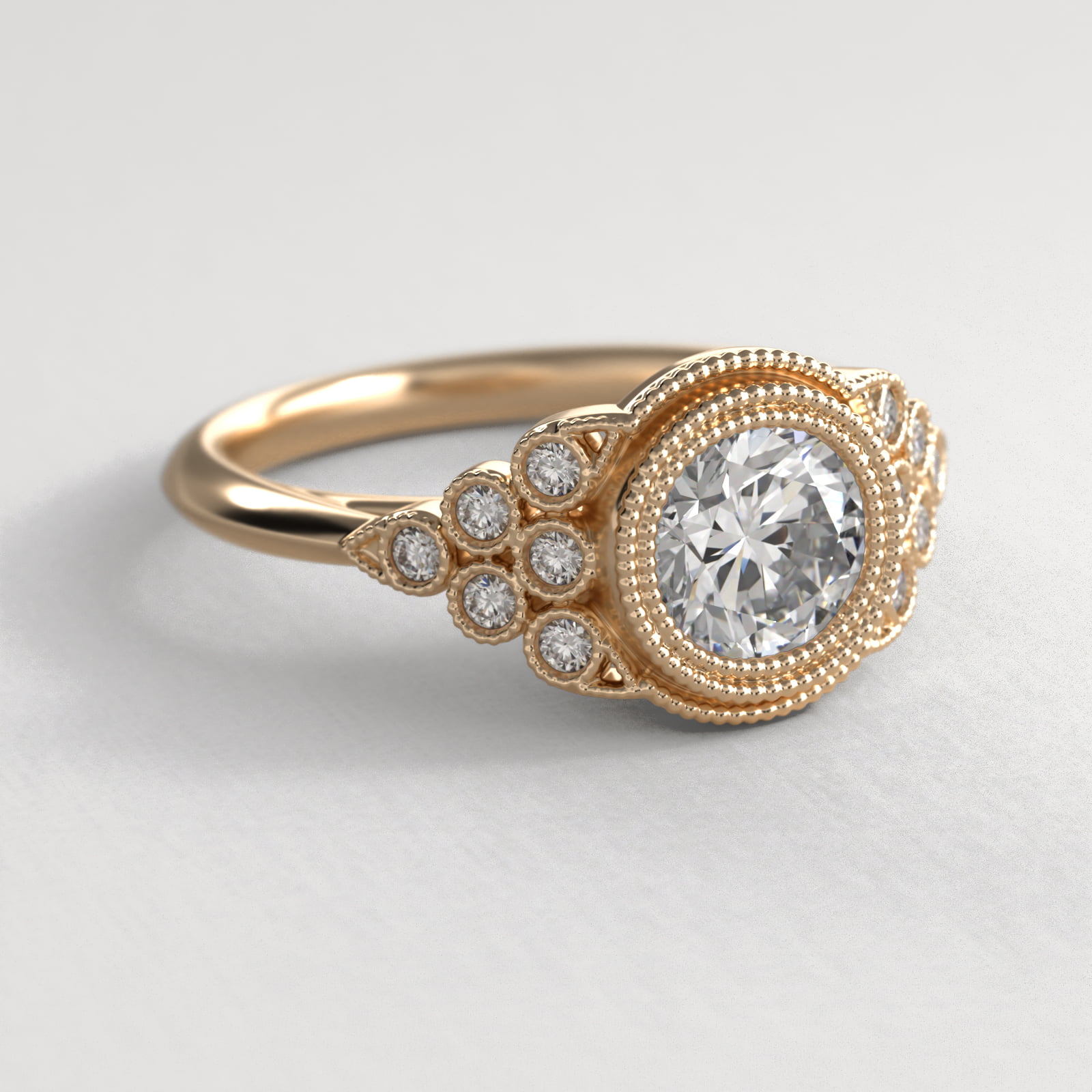 Beaded Bezel Set Side Stone Diamond Engagement Ring In 18K Yellow Gold