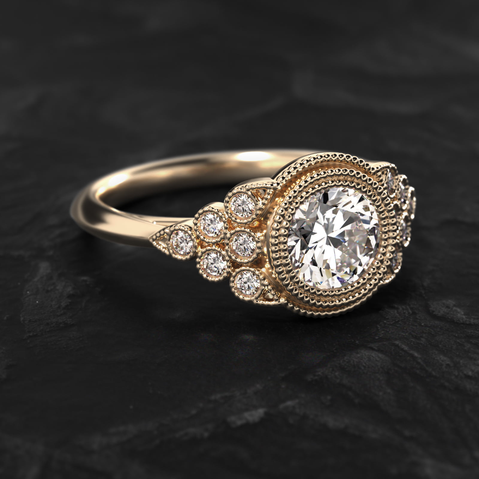 Beaded Bezel Set Side Stone Diamond Engagement Ring In 14K Yellow Gold