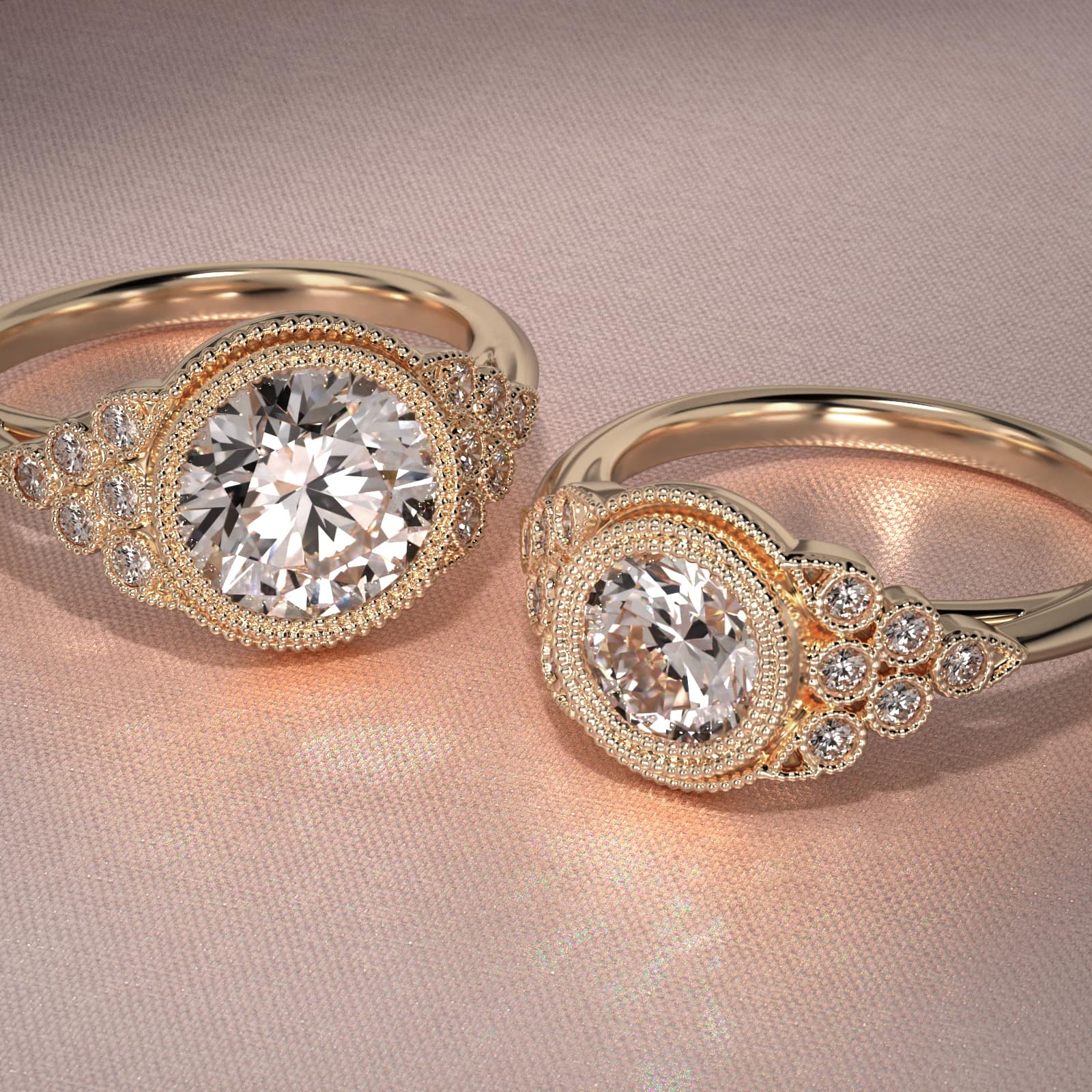 Beaded Bezel Set Side Stone Diamond Engagement Ring In 18K Yellow Gold