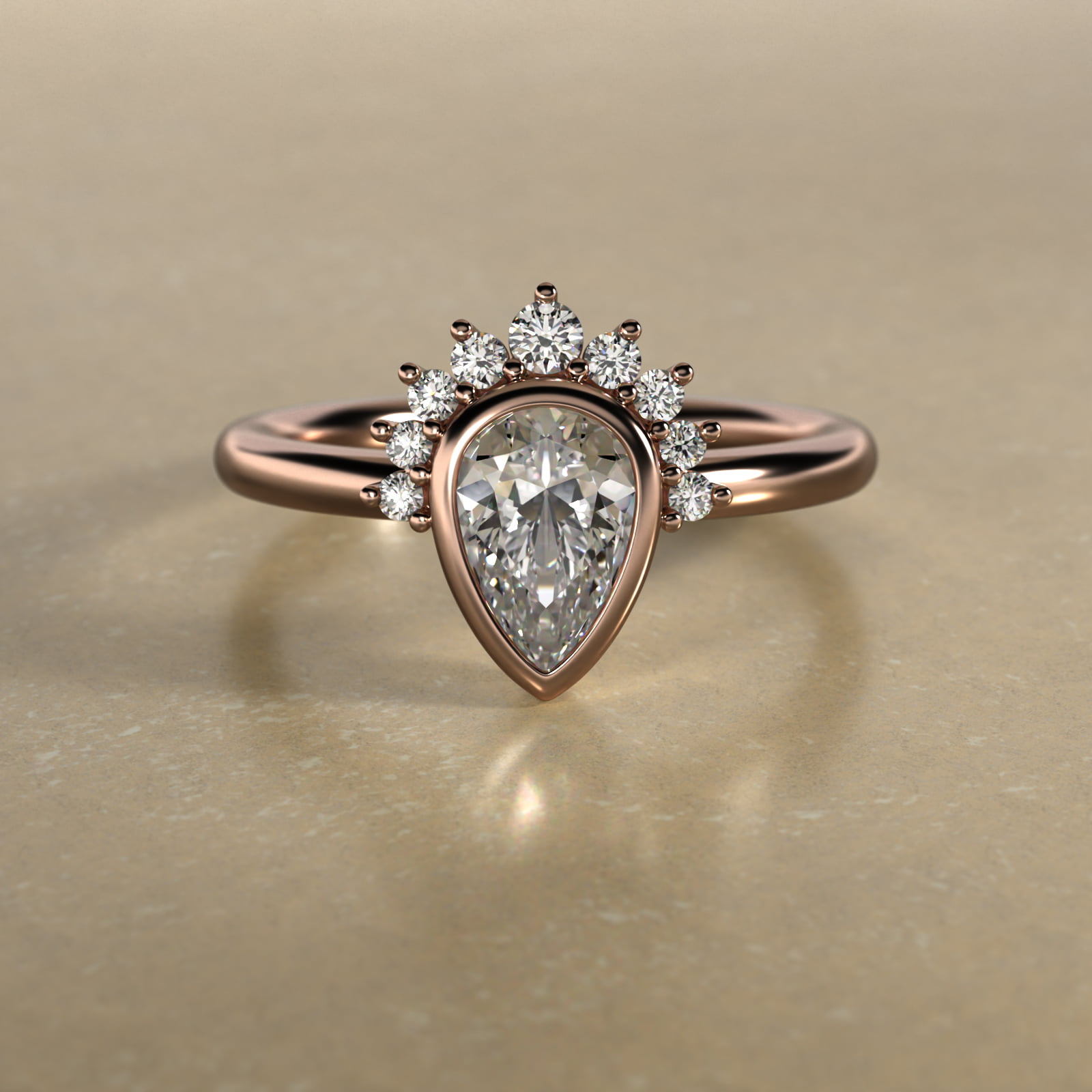 Pear Shape Bezel Set Diamond Tiara Engagement Ring In 14K Rose Gold