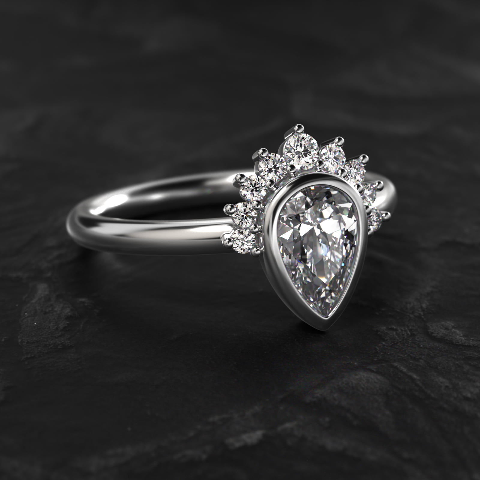 Pear Shape Bezel Set Diamond Tiara Engagement Ring In 14K White Gold