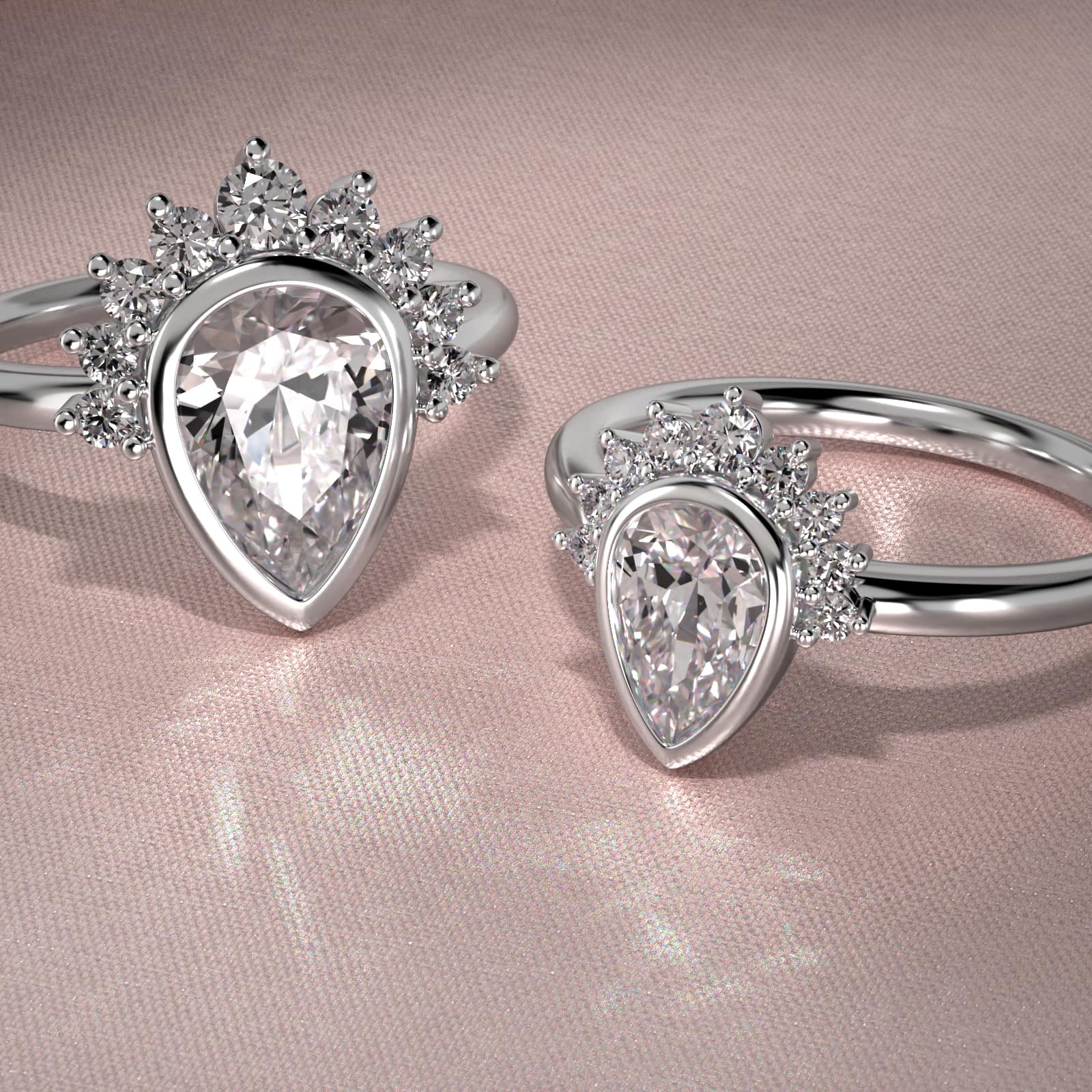 Pear Shape Bezel Set Diamond Tiara Engagement Ring In 14K White Gold