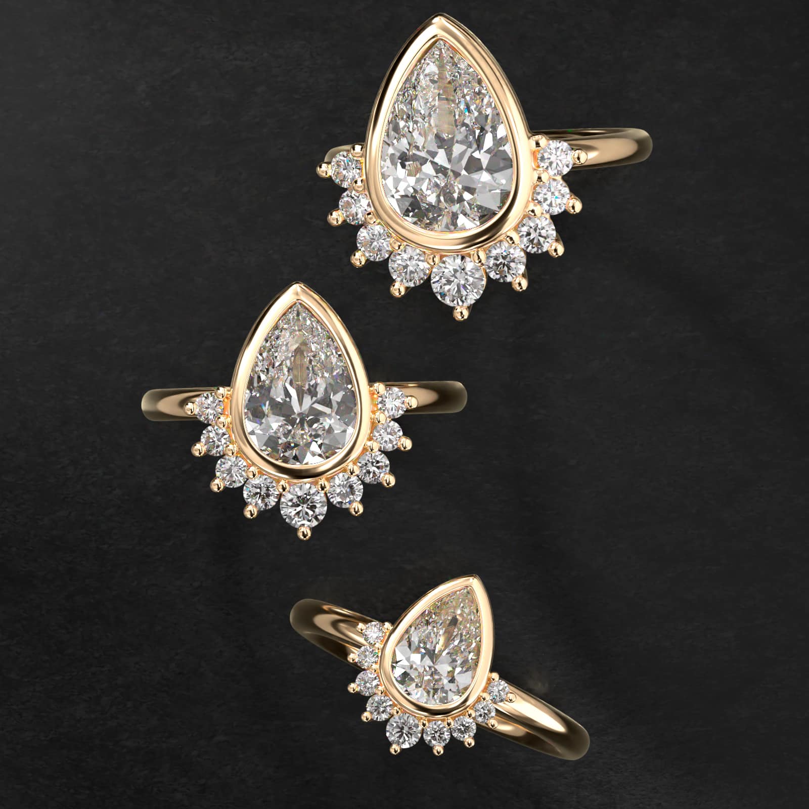 Pear Shape Bezel Set Diamond Tiara Engagement Ring In 18K Yellow Gold