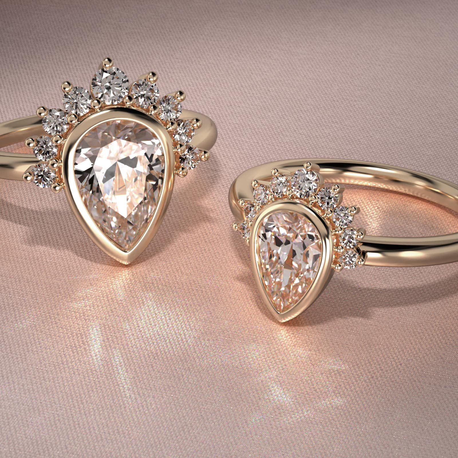 Pear Shape Bezel Set Diamond Tiara Engagement Ring In 14K Yellow Gold