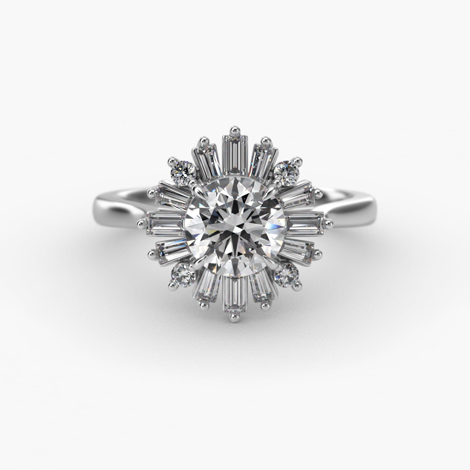 Baguette Diamond Halo Ballerina Engagement Ring In Platinum