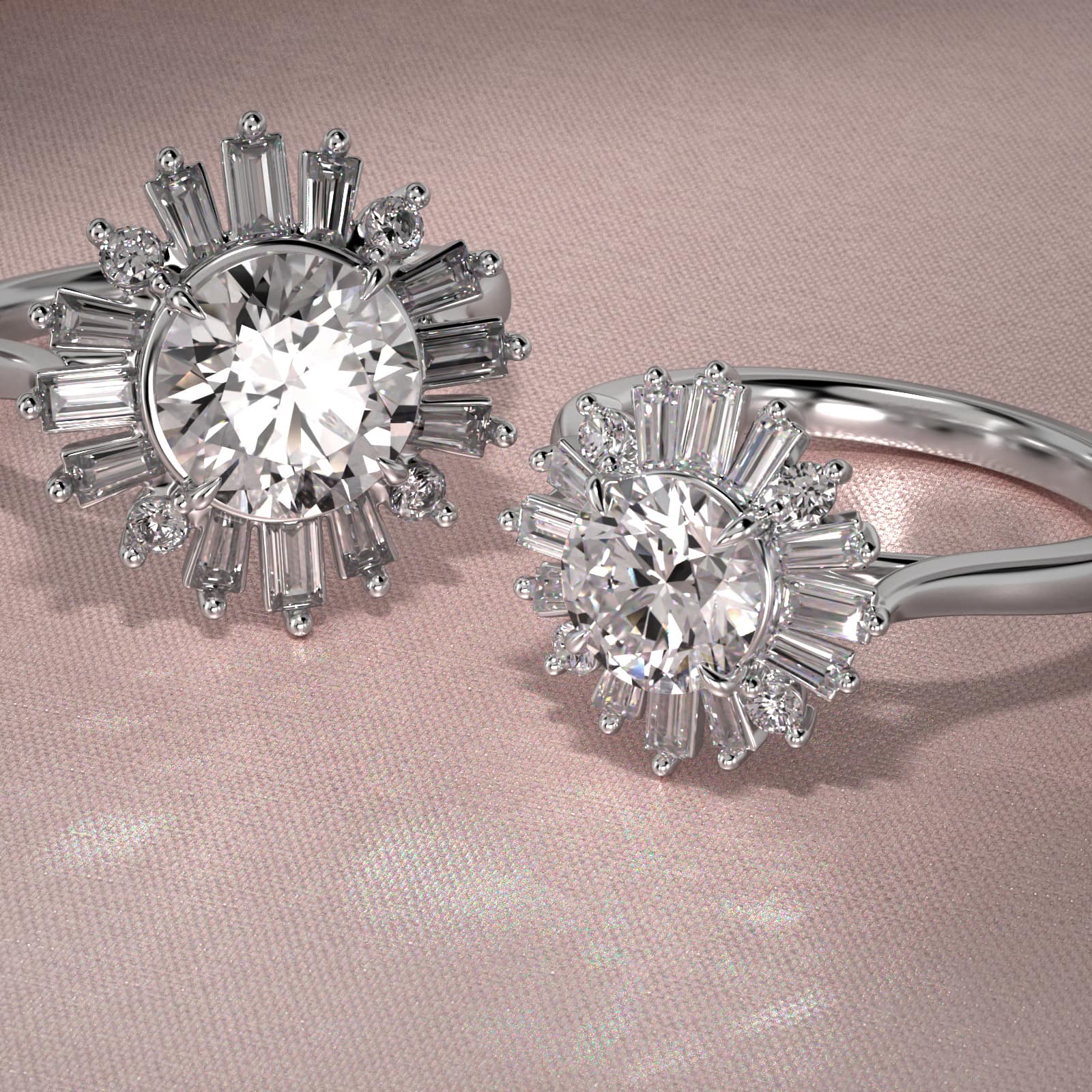 Baguette Diamond Halo Ballerina Engagement Ring In Platinum