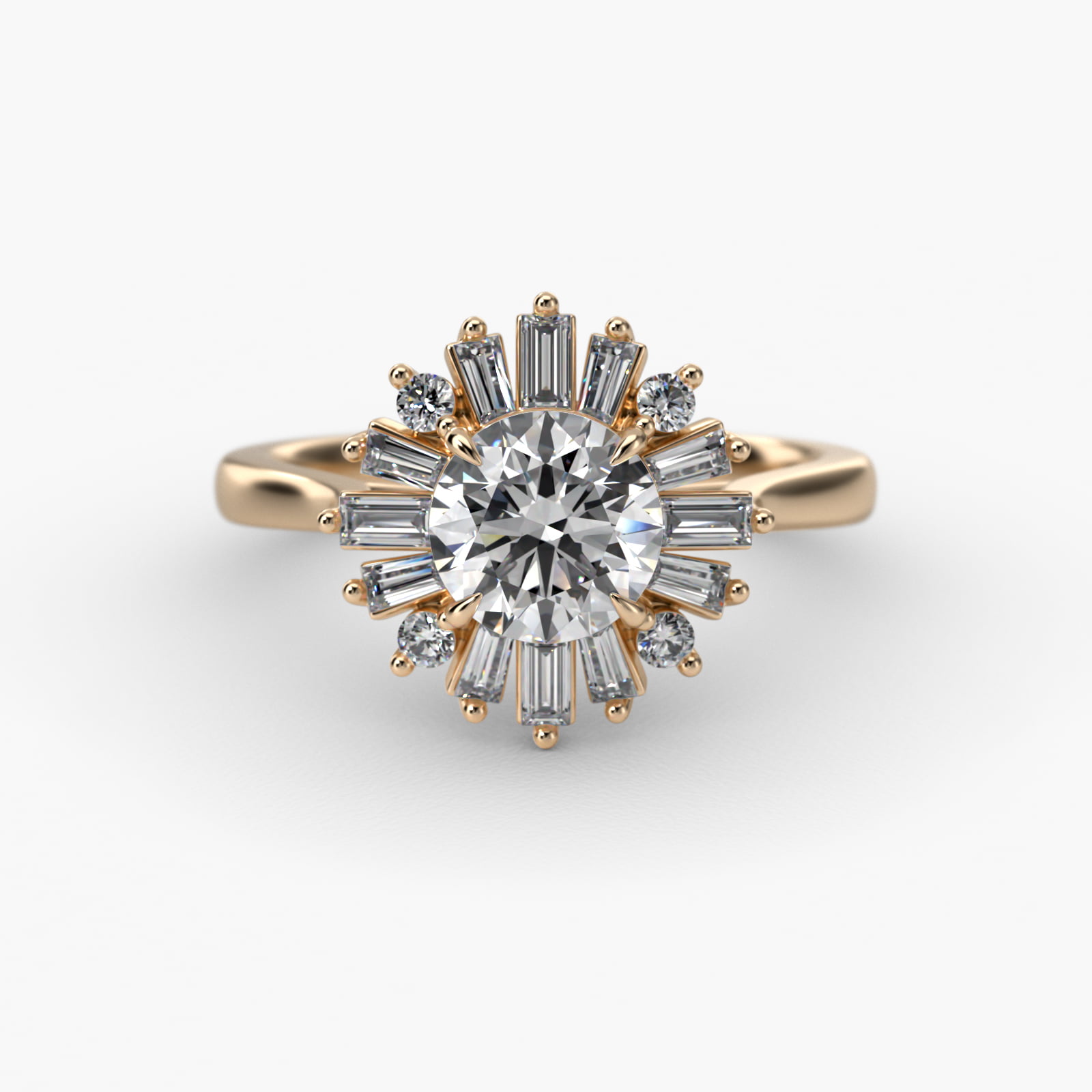 Baguette Diamond Halo Ballerina Engagement Ring In 18K Yellow Gold
