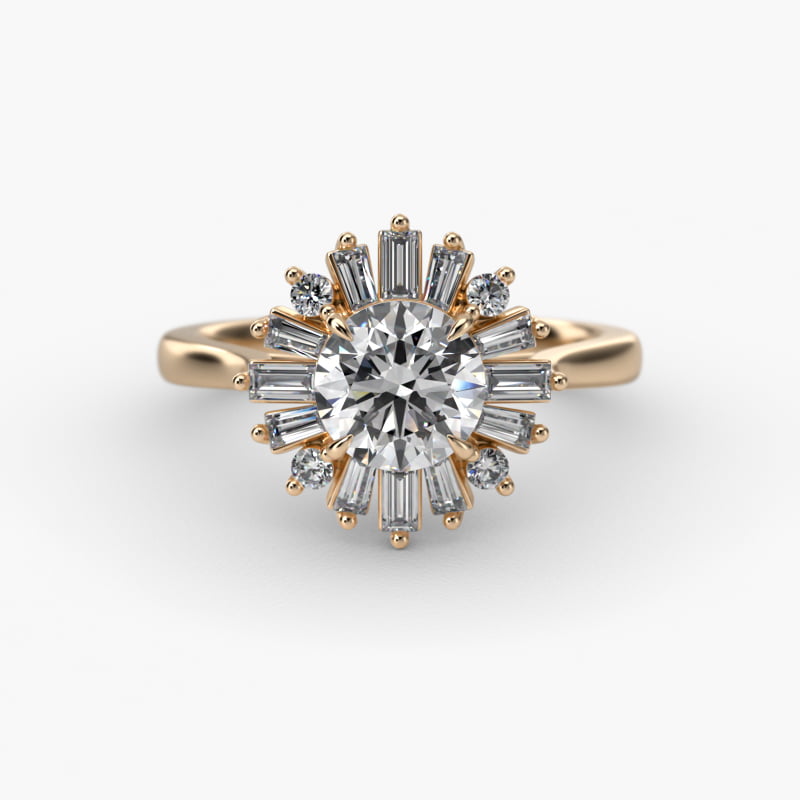Baguette Diamond Halo Ballerina Engagement Ring In 14K Yellow Gold