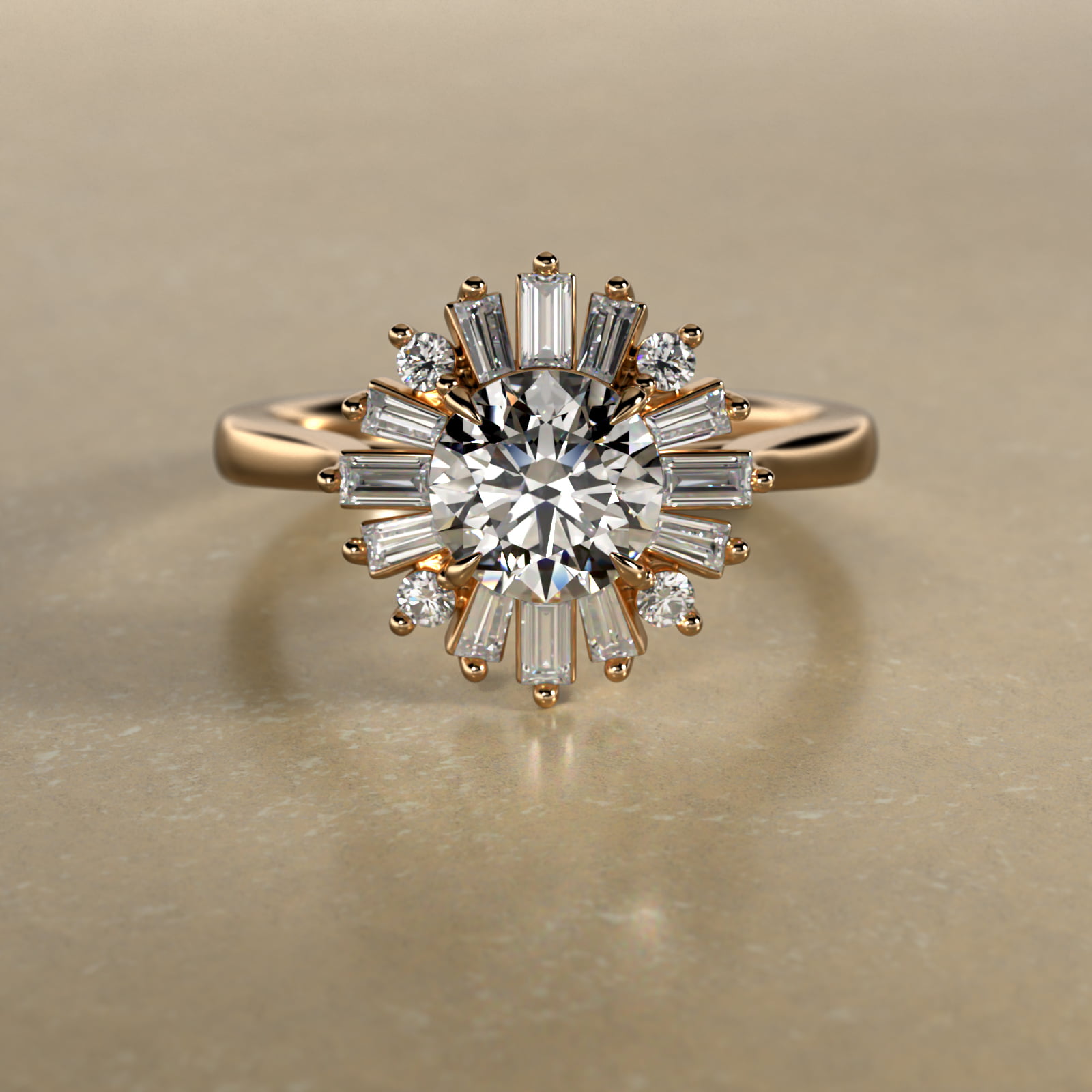 Baguette Diamond Halo Ballerina Engagement Ring In 14K Yellow Gold