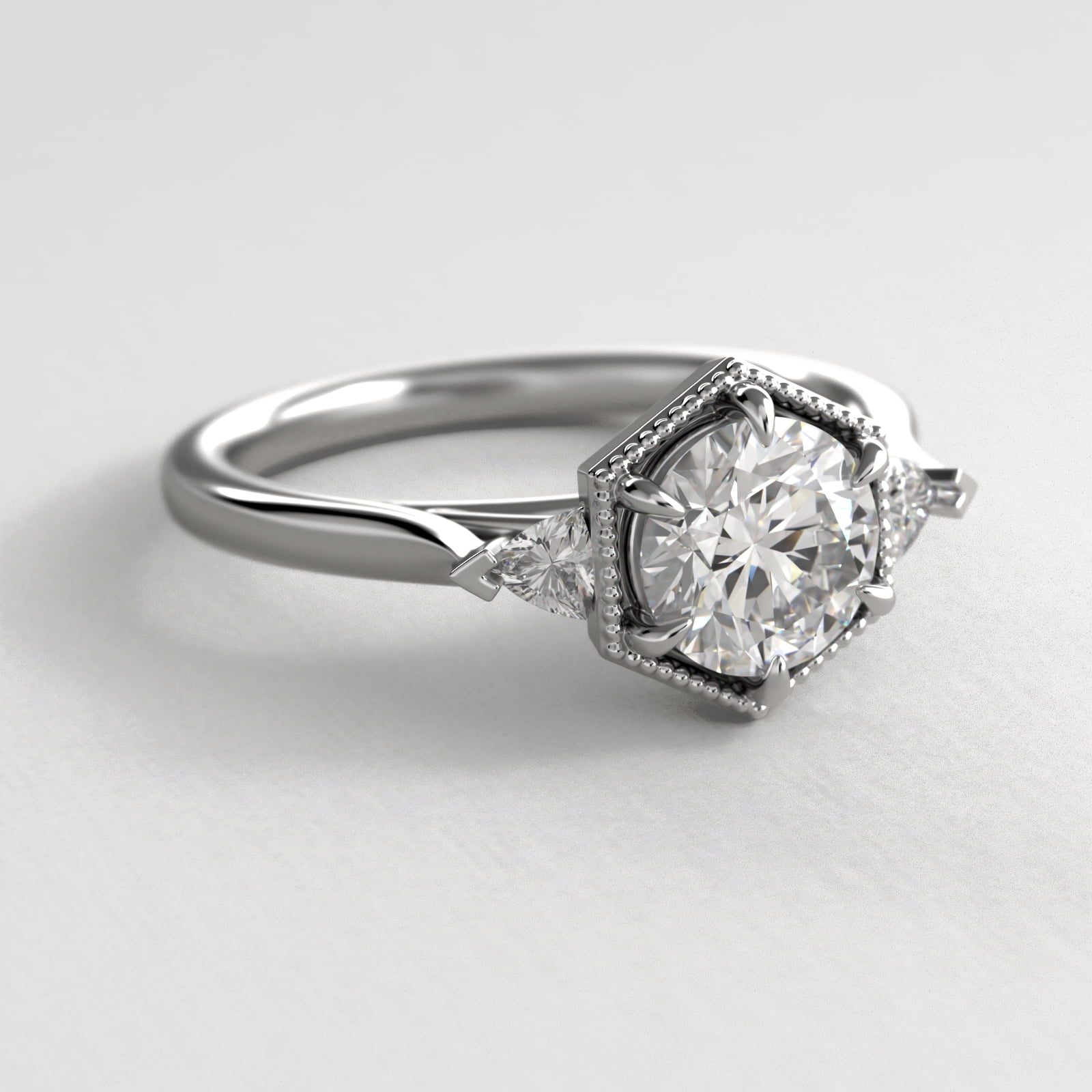 Hexagonal Trilliant Side Stone Diamond Engagement Ring In 18K White Gold