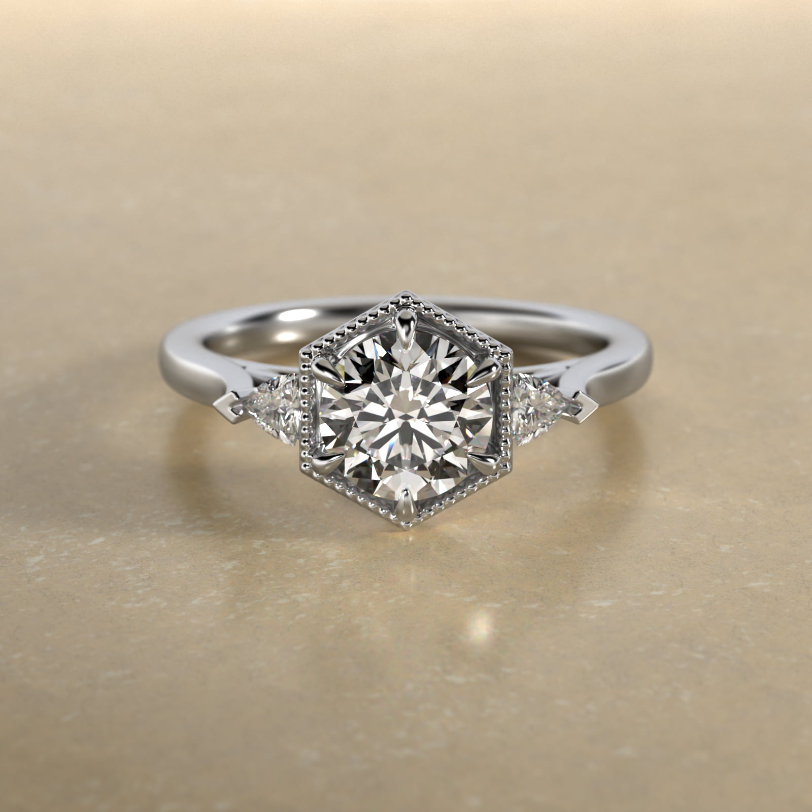 Hexagonal Trilliant Side Stone Diamond Engagement Ring In 14K White Gold