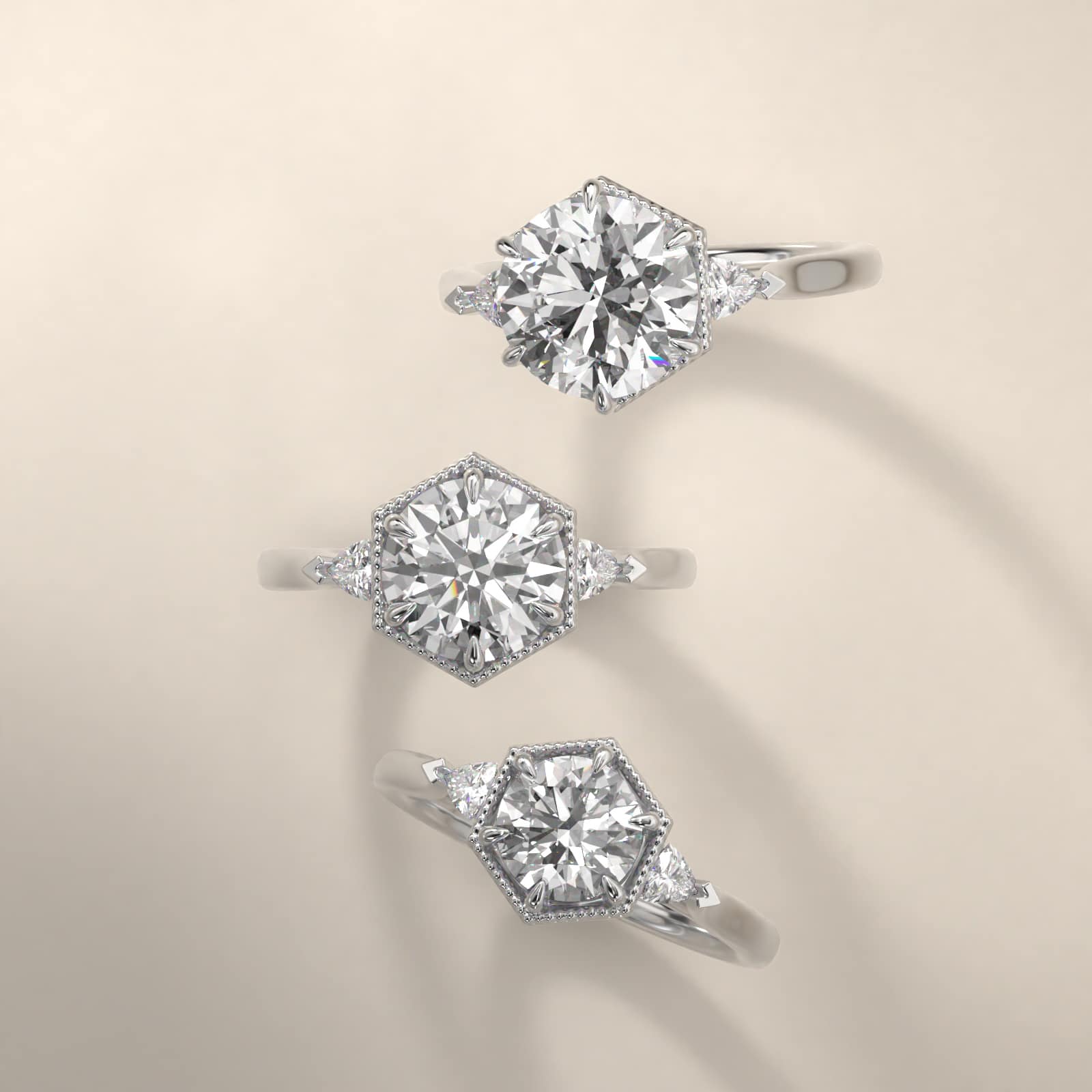 Hexagonal Trilliant Side Stone Diamond Engagement Ring In Platinum