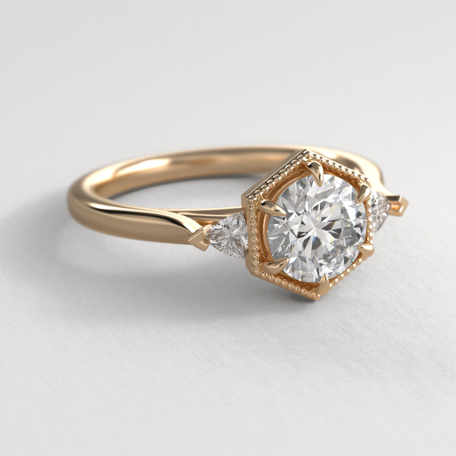 Hexagonal Trilliant Side Stone Diamond Engagement Ring In 18K Yellow Gold