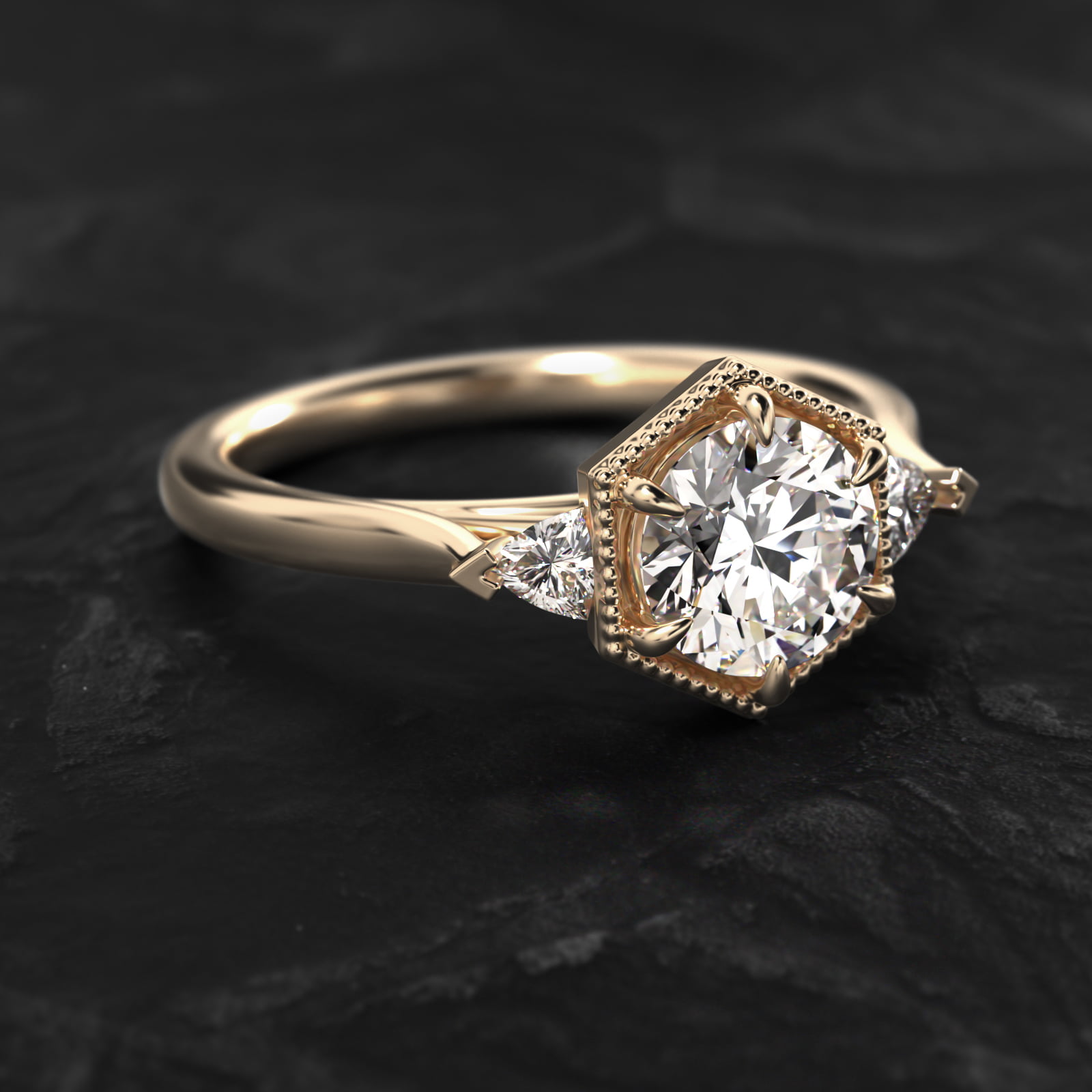 Hexagonal Trilliant Side Stone Diamond Engagement Ring In 14K Yellow Gold