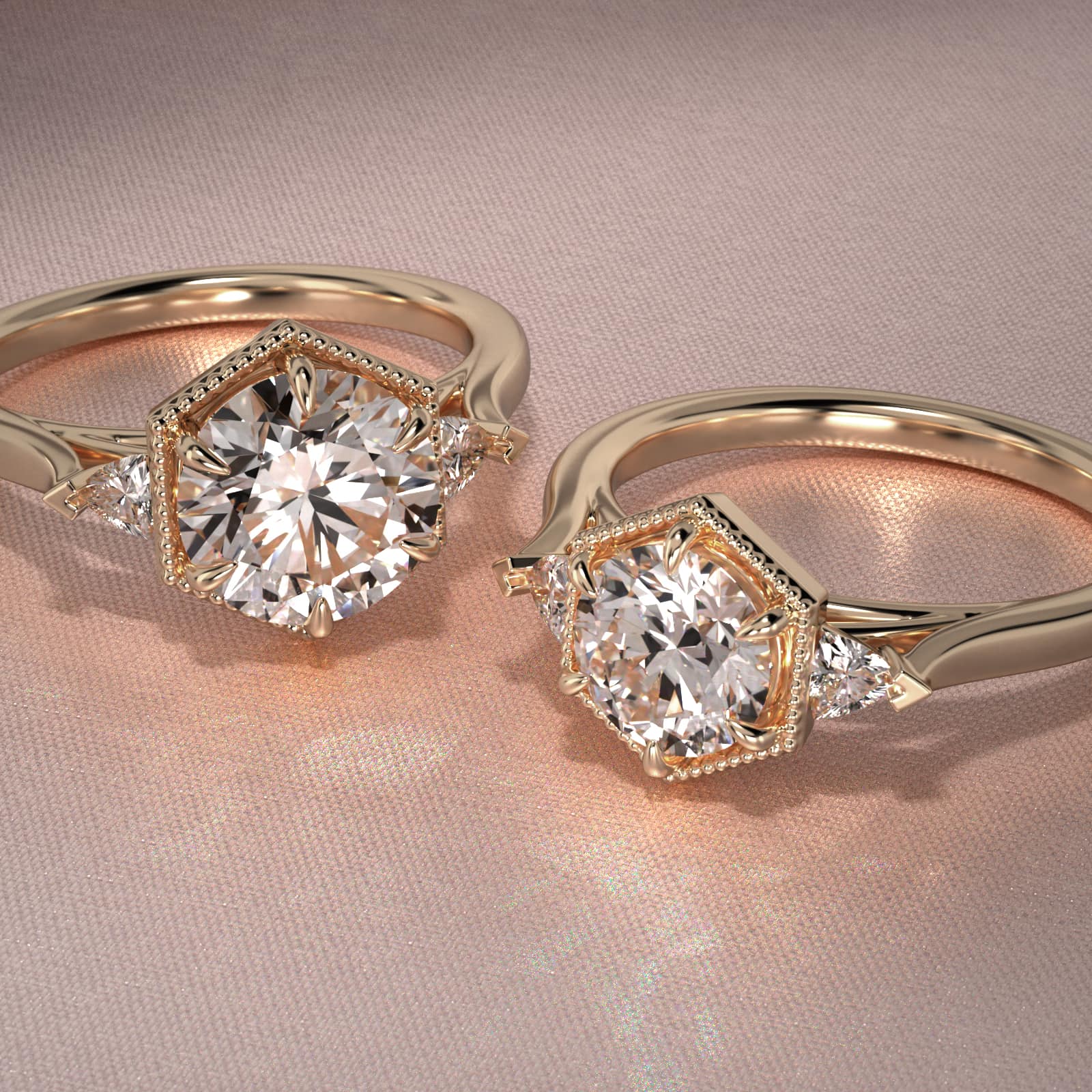 Hexagonal Trilliant Side Stone Diamond Engagement Ring In 18K Yellow Gold